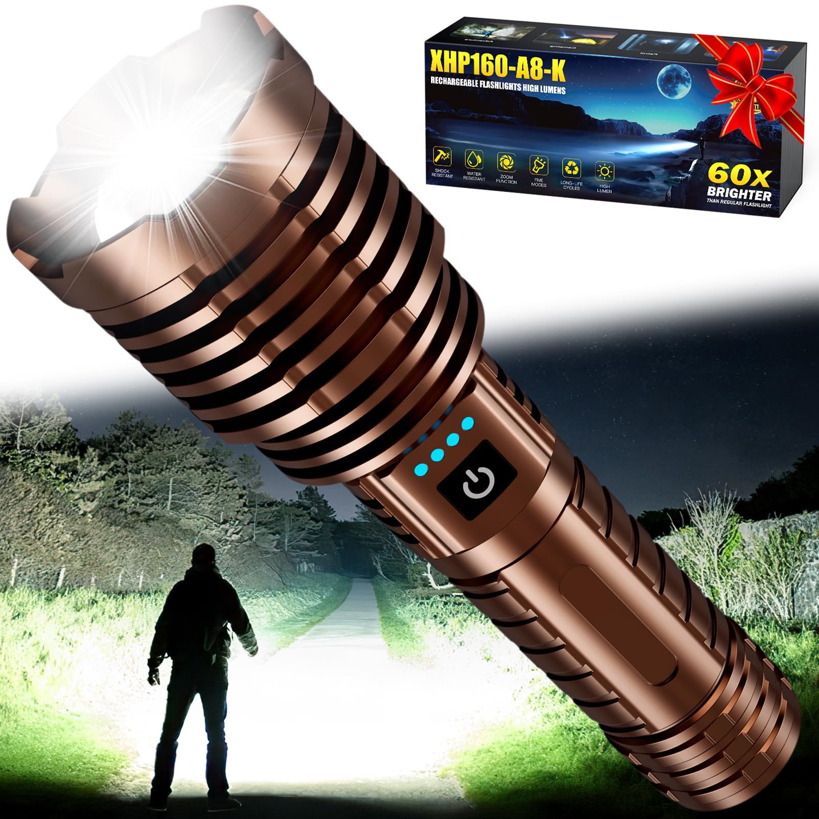 Weoxi Flashlights High Lumens Rechargeable, 2400000Lm Super Bright Flash Light, 5 Modes Led Flashlight Adjustable, 31H Long Runt
