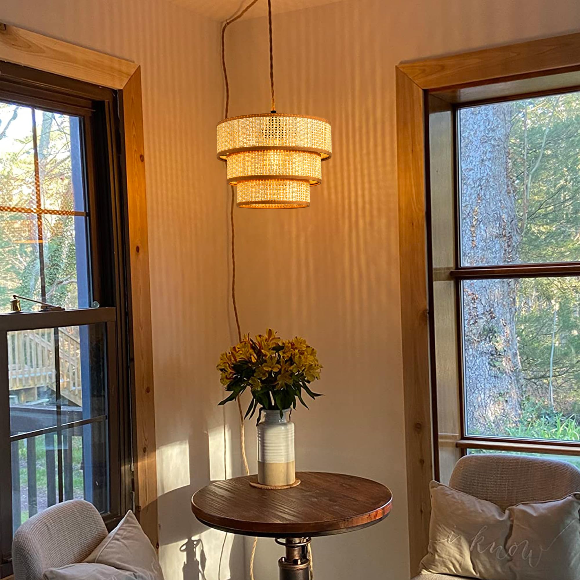 Xininsun Plug In Pendant Light Hanging Lights With15Ft Plug In Cord Dimmable Rattan Hanging Lamp Wicker Woven Drum Lampshade,Rus