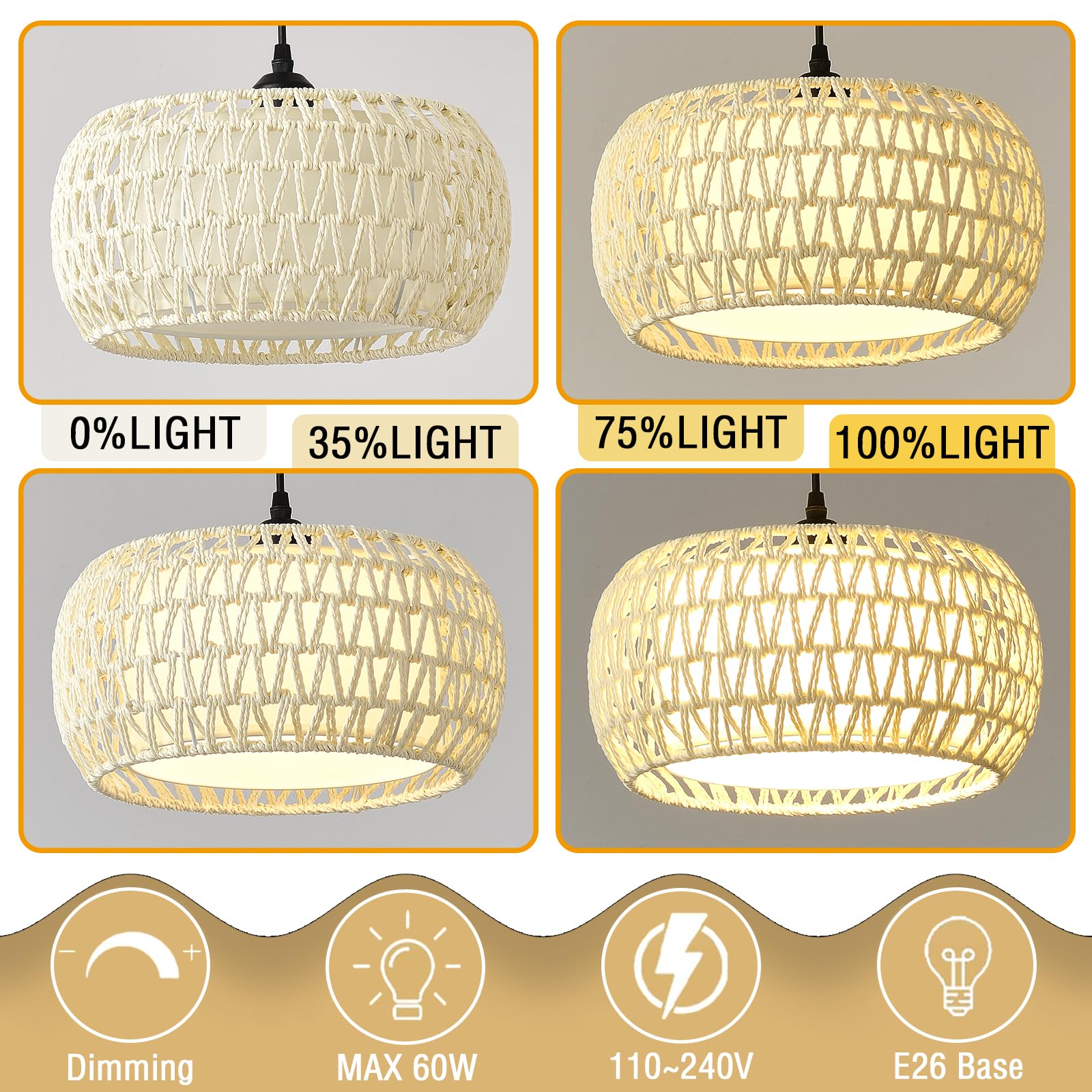 JTYP Boho Rattan Chandelier Light Fixture, 1-Light Pendant, Metal/Rattan, Beige Curved Edge, Model LJ-MCL-JS