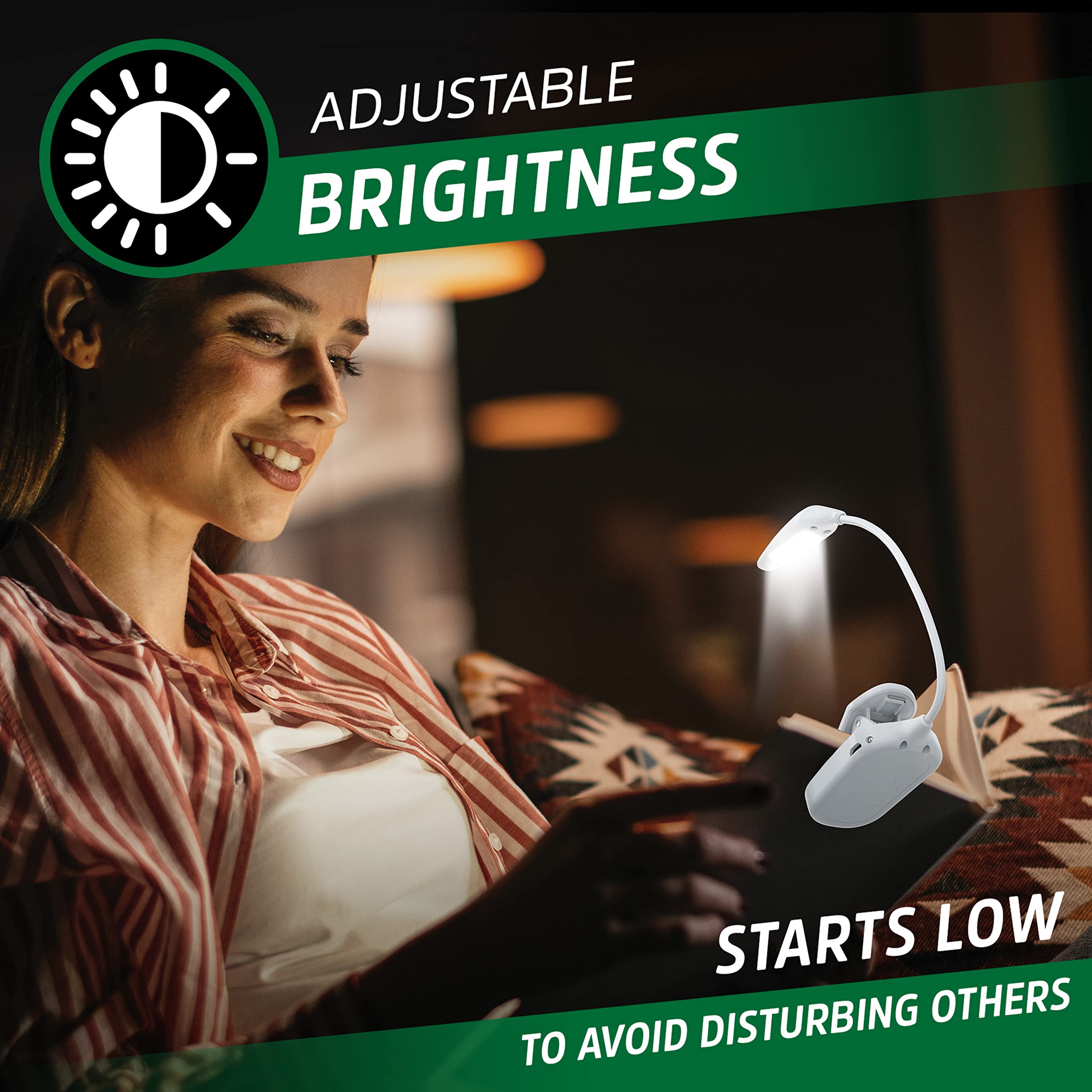 Energizer Rechargeable Led Book Light Flex, 3 Modes, Warm Light Clip On Reading Light With Flexible Neck For Reading In Bed, Boo