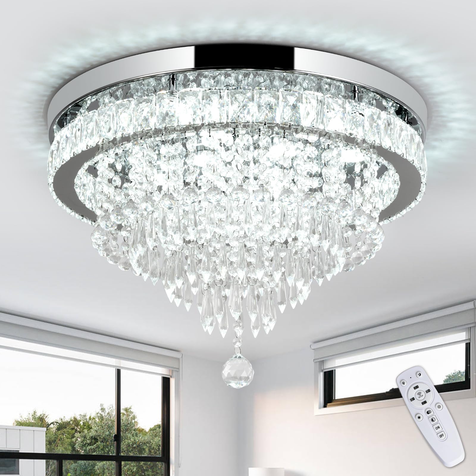 RHEAFON Dimmable Crystal Chandelier 19.7 Inch Modern LED Crystal Ceiling Light Flush Mount Chandeliers for Bedroom Dining Room L