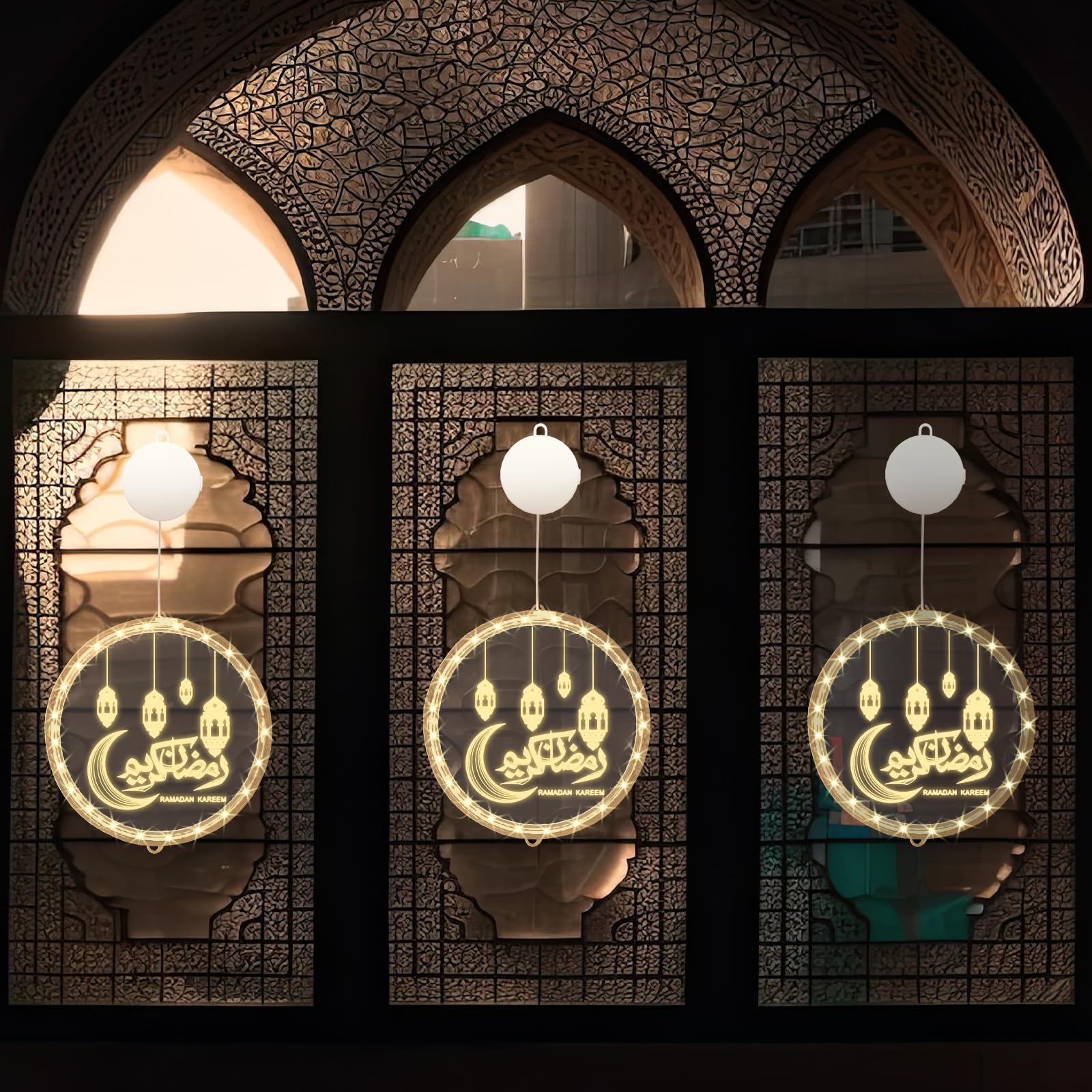 ALIBBON 3D Moon Lantern LED Lights for Ramadan & Eid, Acrylic, Style3, Model HL-EM-LL-240105-03, Battery Operated, Suction Cup