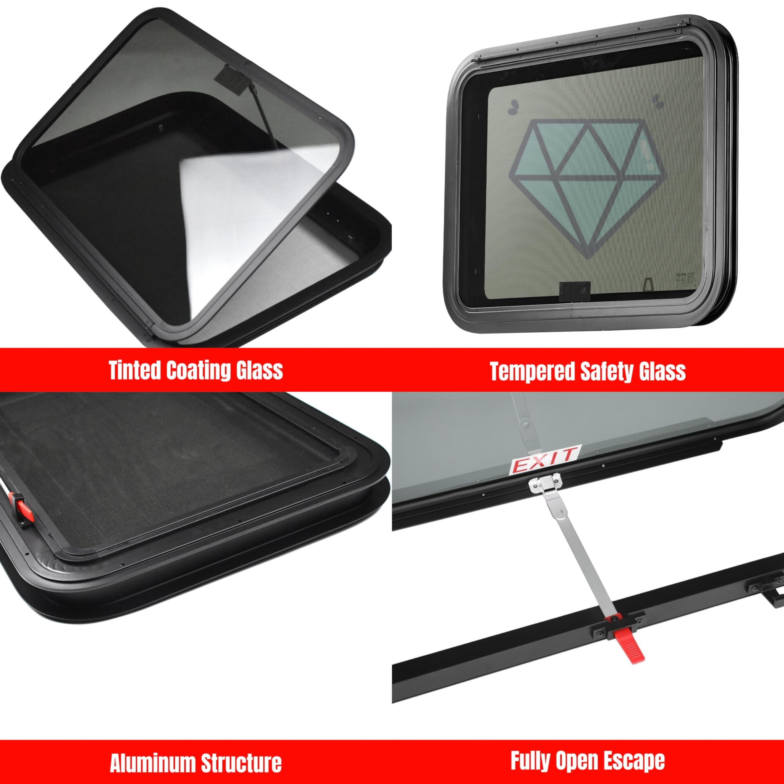 RV MURTS Aluminum RV Exit Window 15in x 22in, Polycarbonate, Black, Model RWEXIT1522, with Trim Kit and Screen for Trailers