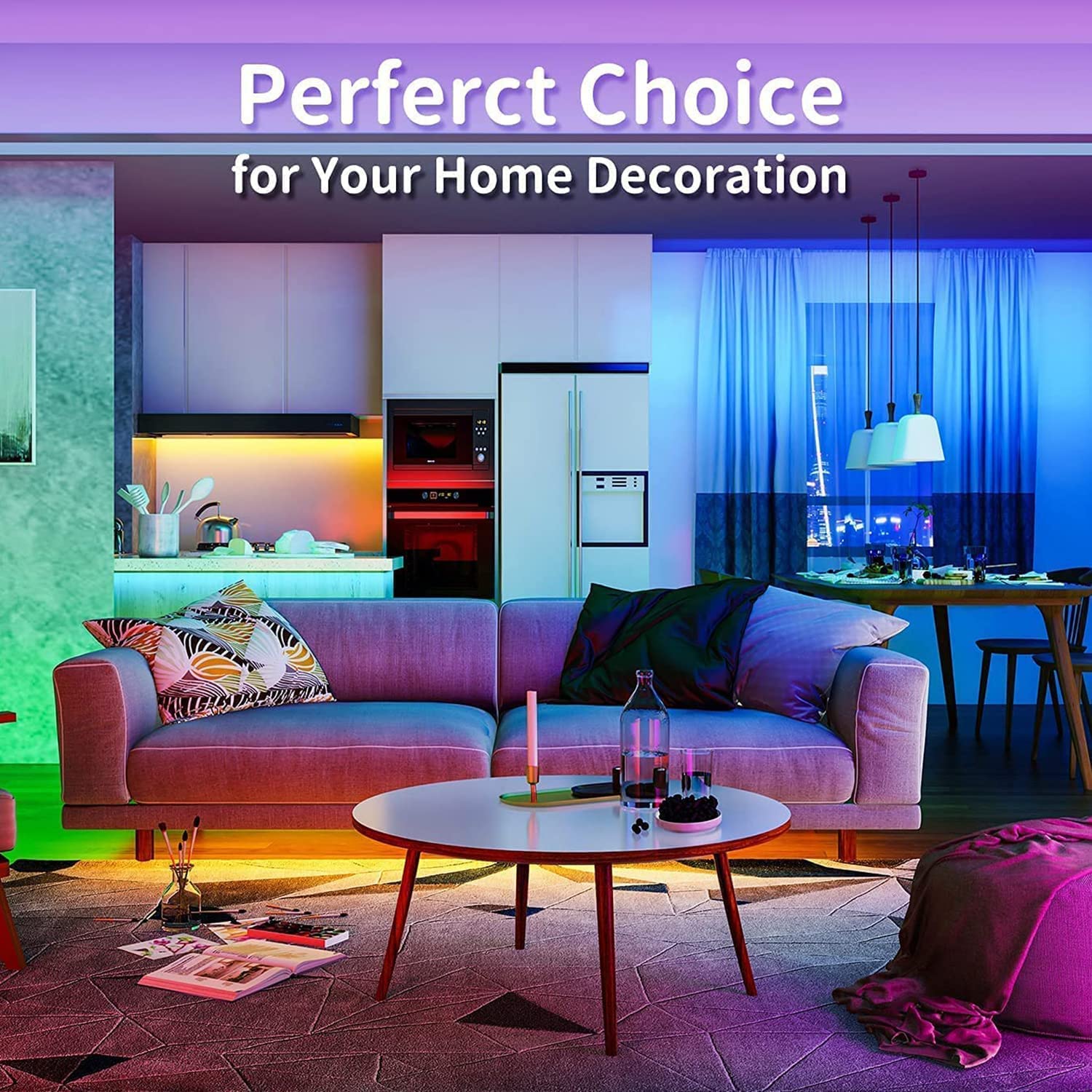 REEMEER Led Strip Lights 50ft RGB Color Changing Smart APP Control T-10 Plastic for Bedroom Kitchen Party
