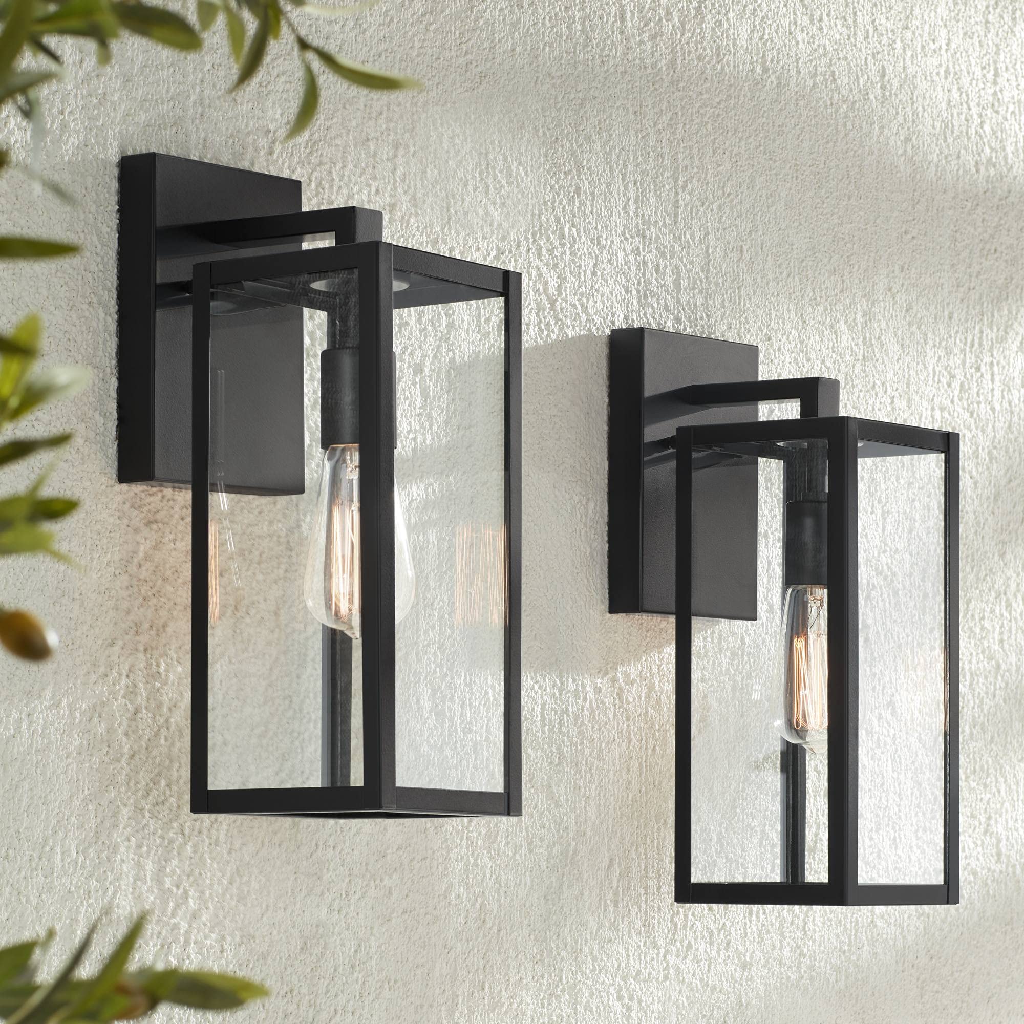 John Timberland Outdoor Wall Lights Set of 2, 14in Clear Glass, Black Metal, Damp Rated for Porch, Patio, Garage, Front Door