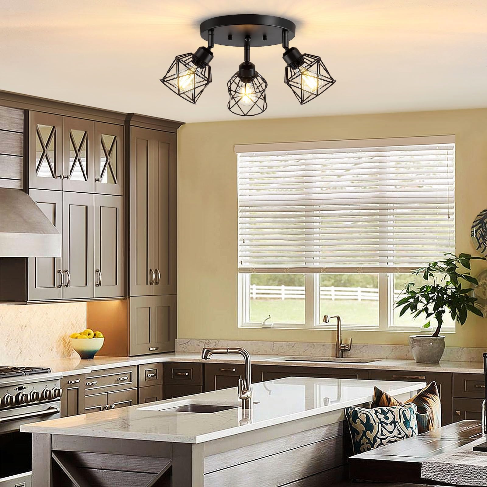Baocuz 3-Light Kitchen Flush Mount Ceiling Light, Adjustable Multi-Directional Ceiling Light Fixture, Farmhouse Black Metal Cage