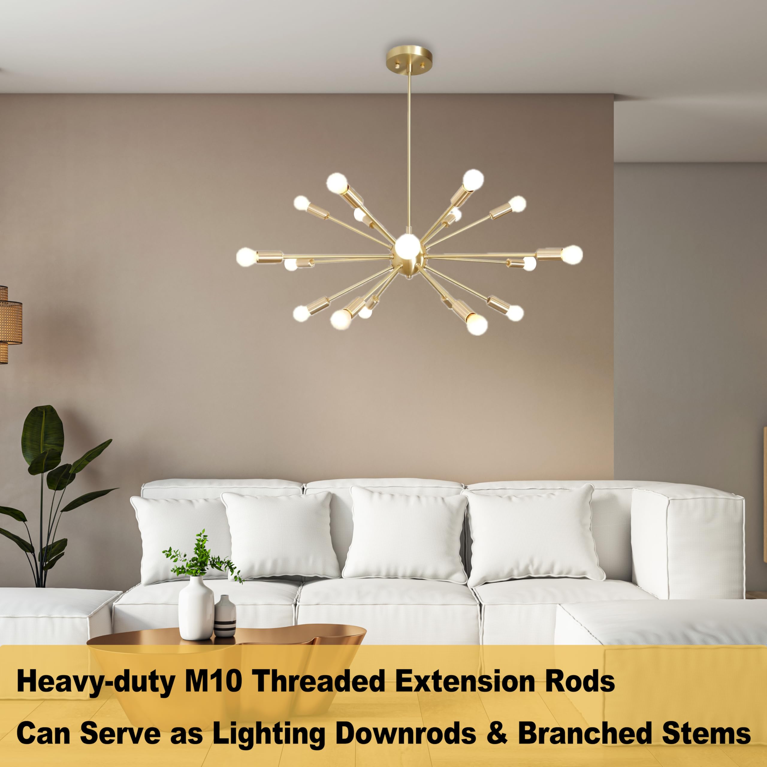 MAYOMAJO 8-Piece M10 Threaded Extension Poles & Sloped Ceiling Adapter Kit, Brass, Model EXD-4+4 for Pendant Lights & Chandeliers