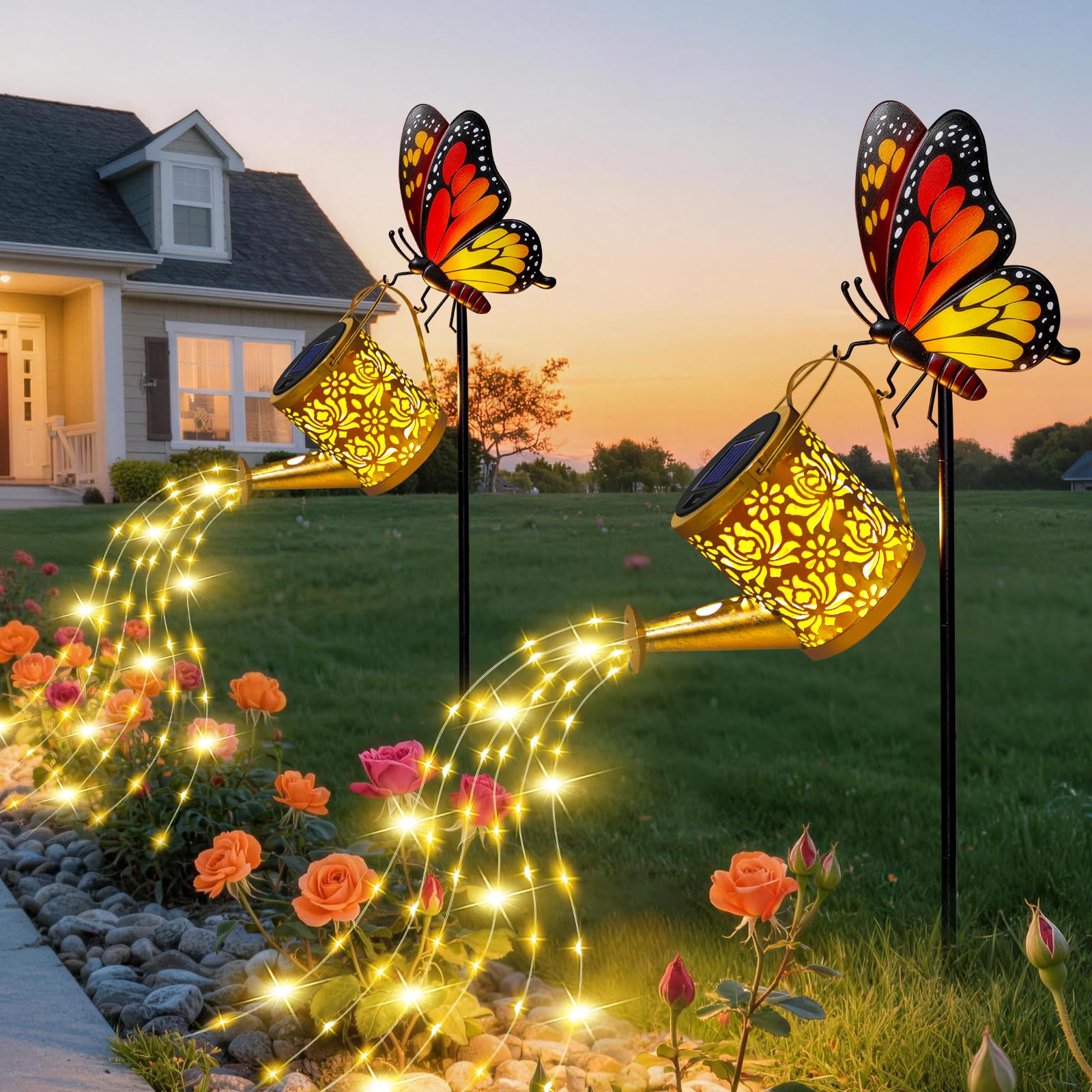 Solar Lights Garden Decor  Mothers Day Gifts  Waterproof Solar Watering Can with Butterfly Garden Stakes  Outdoor Light with Cascading Lights for Outside Patio Porch  Birthday Gift for Women 2 Pack