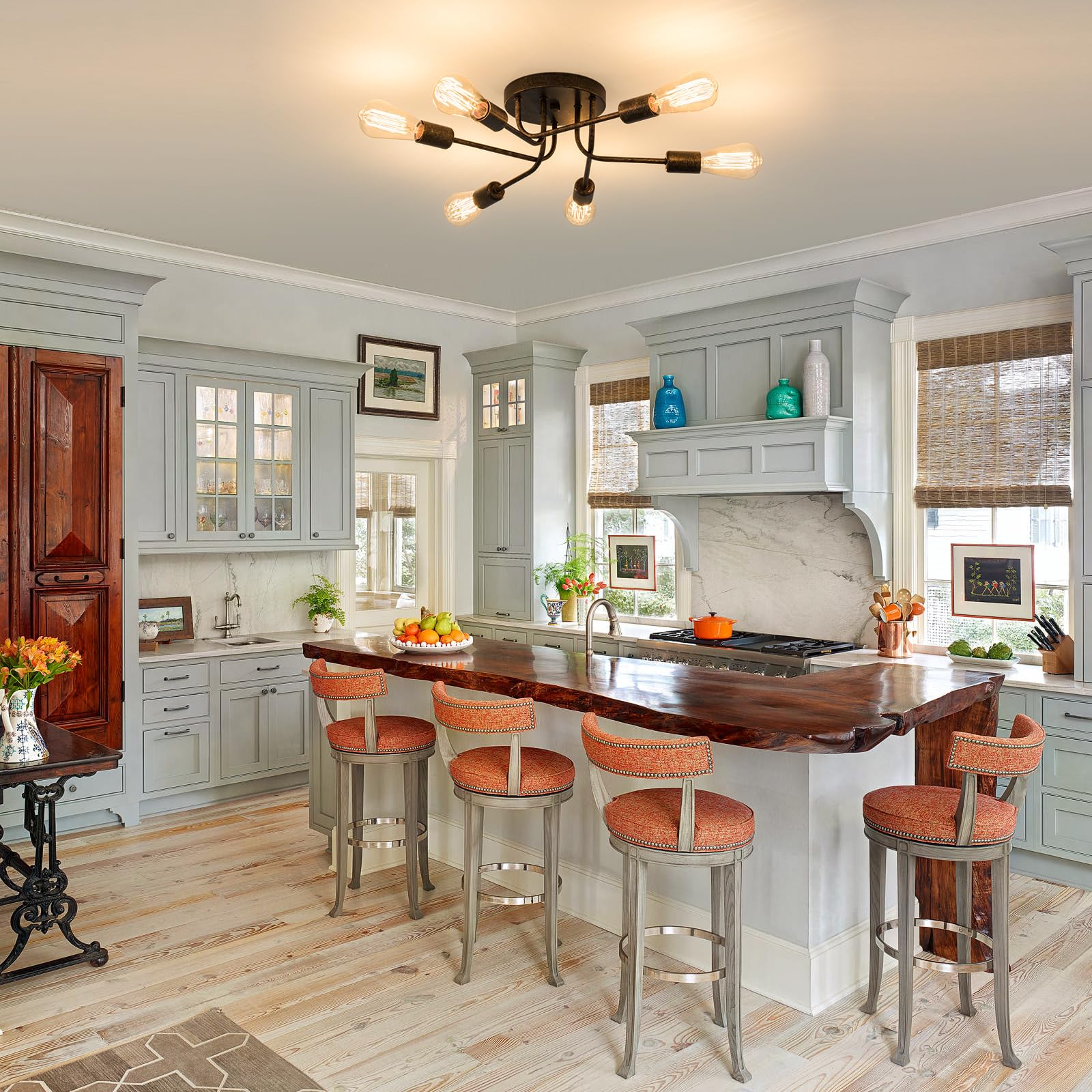 Plfann Industrial Semi Flush Mount Ceiling 6 Light With Adjustable Metal Branched Vintage Ceiling Light E26 Holder (Bronze)(Bulb