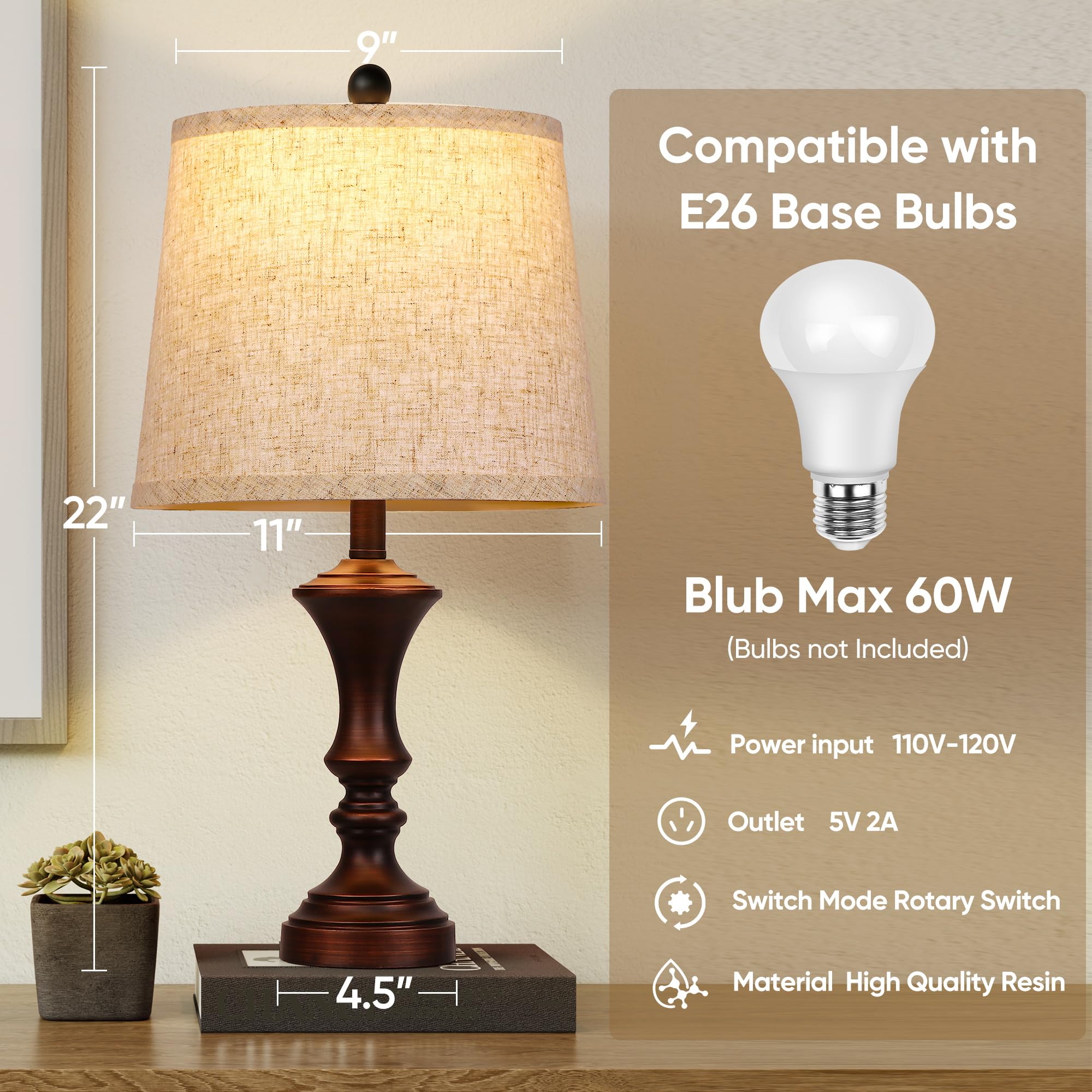ROTTOGOON Retro Table Lamps Set of 2 Vintage Rustic Nightstand Lamps Brown Model ROLP406AZ2