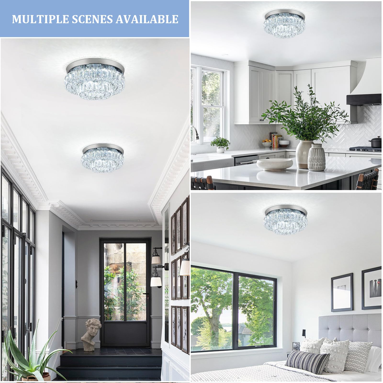 Hongnuofc 12&quot; Crystal Chandelier Led Ceiling Light, 2 Tier Flush Mount, Modern Design, Cool White