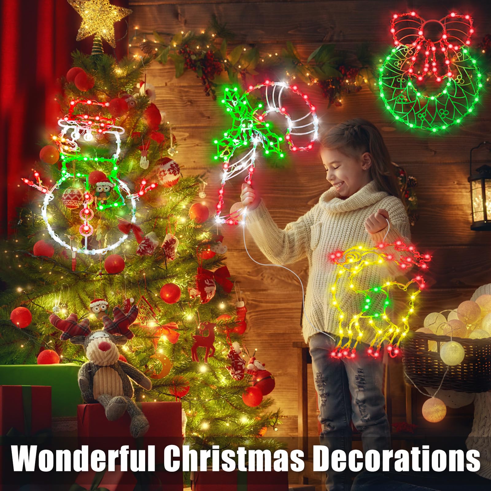 LOCYFENS Christmas Window Lights - 16.5in LED Decorations, 4 Pack (Reindeer, Snowman, Wreath, Candy Cane), Multicolor, Model JYD-GLHX