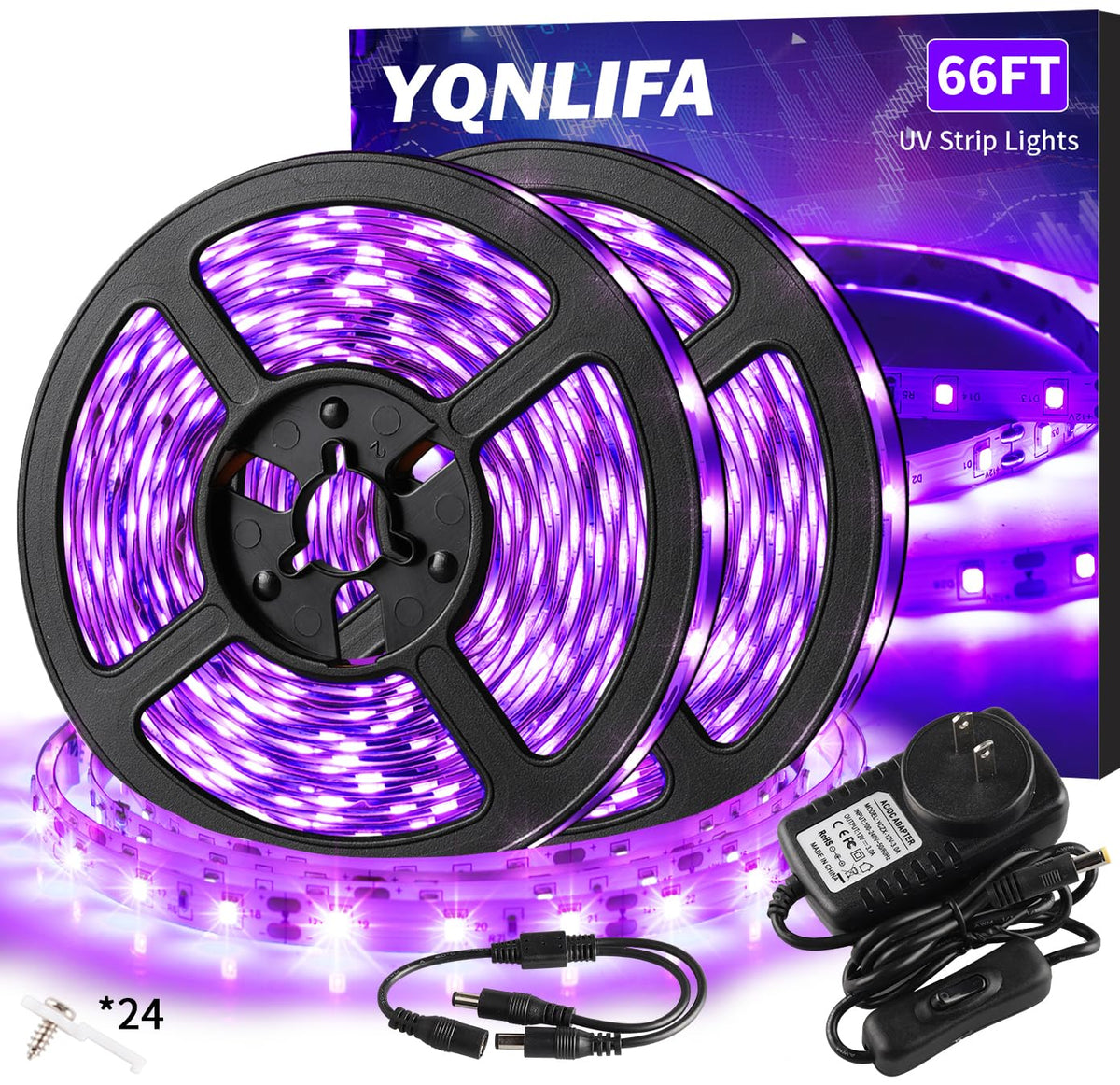 Yqnlifa 66Ft Black Light Strip, 1200 Lamp Beads, Flexible Led Blacklight Kit, 12V Blacklight Strips, Non-Waterproof For Indoor Bedroomdecoration, Glow Party, Birthday, Wedding, Halloween