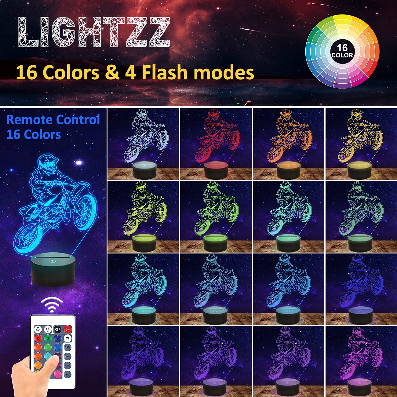 Lightzz Dirt Bike Gifts For Boys, Motocross 3D Night Light Illusion Lamp For Teen Boys Motorcycle Fans Bedroom Decor With Remote