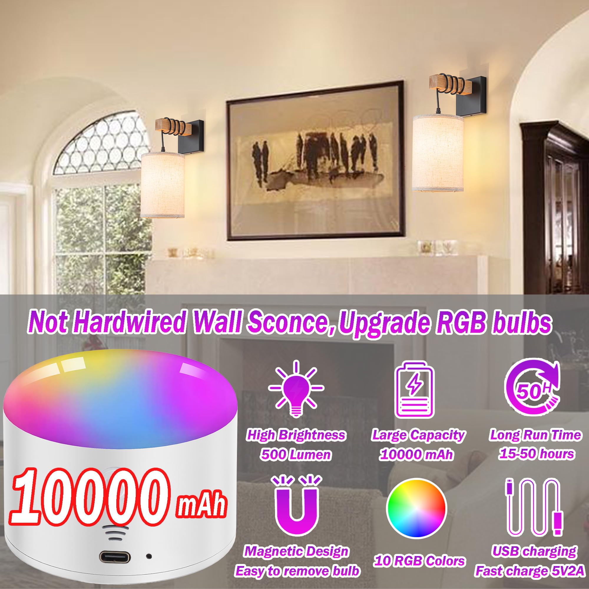 YHCDLAMP Battery Operated Wall Sconce Set of Two, Dimmable Wireless Indoor Light with RGB Bulb, Remote Control, White