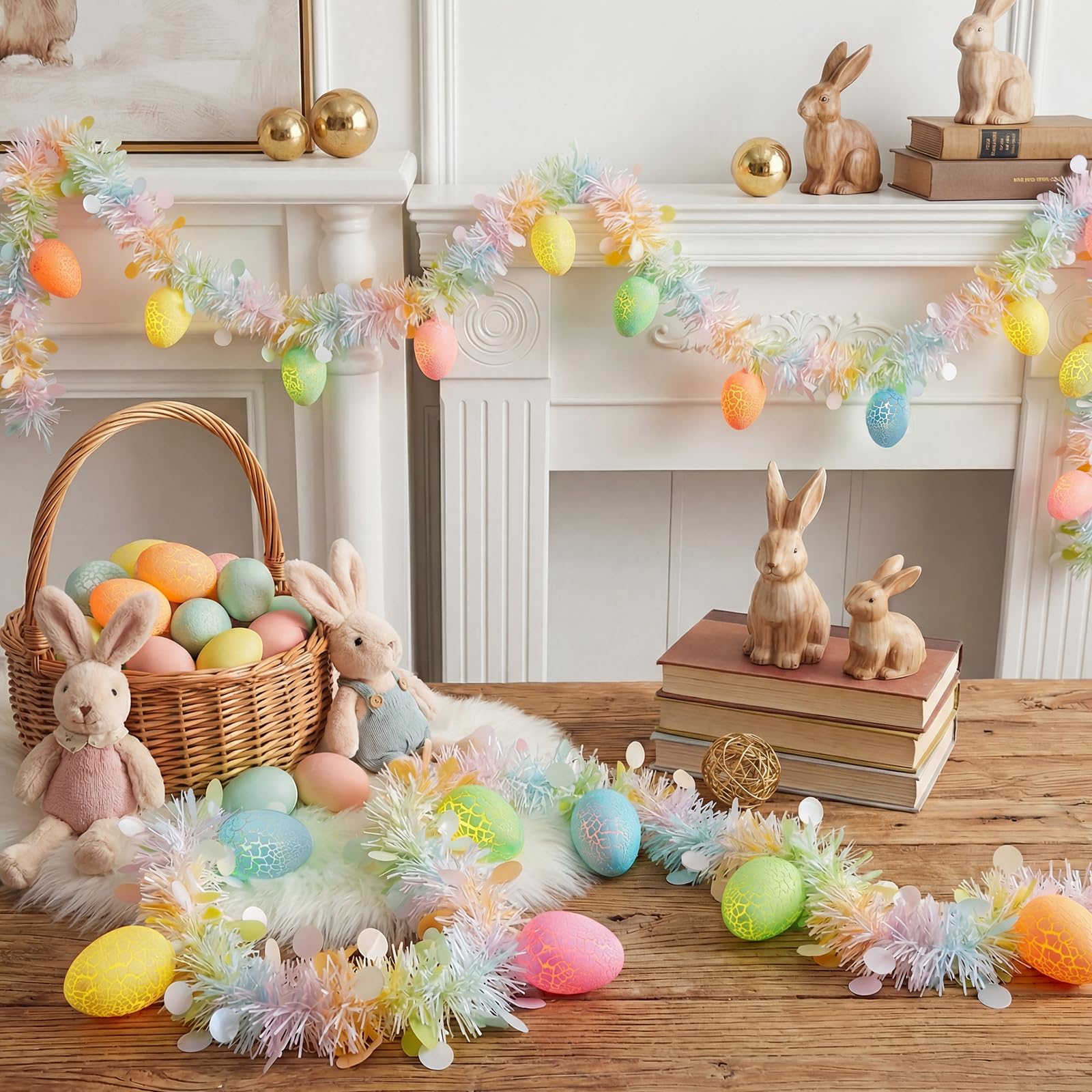 Konictom 8.5Ft Easter Garland with Lights  Plug in Easter Egg String Lights & Pastel Tinsel Set (White Wire)  Connectable Waterproof Indoor Outdoor Decor for Home Mantle Bedroom Party