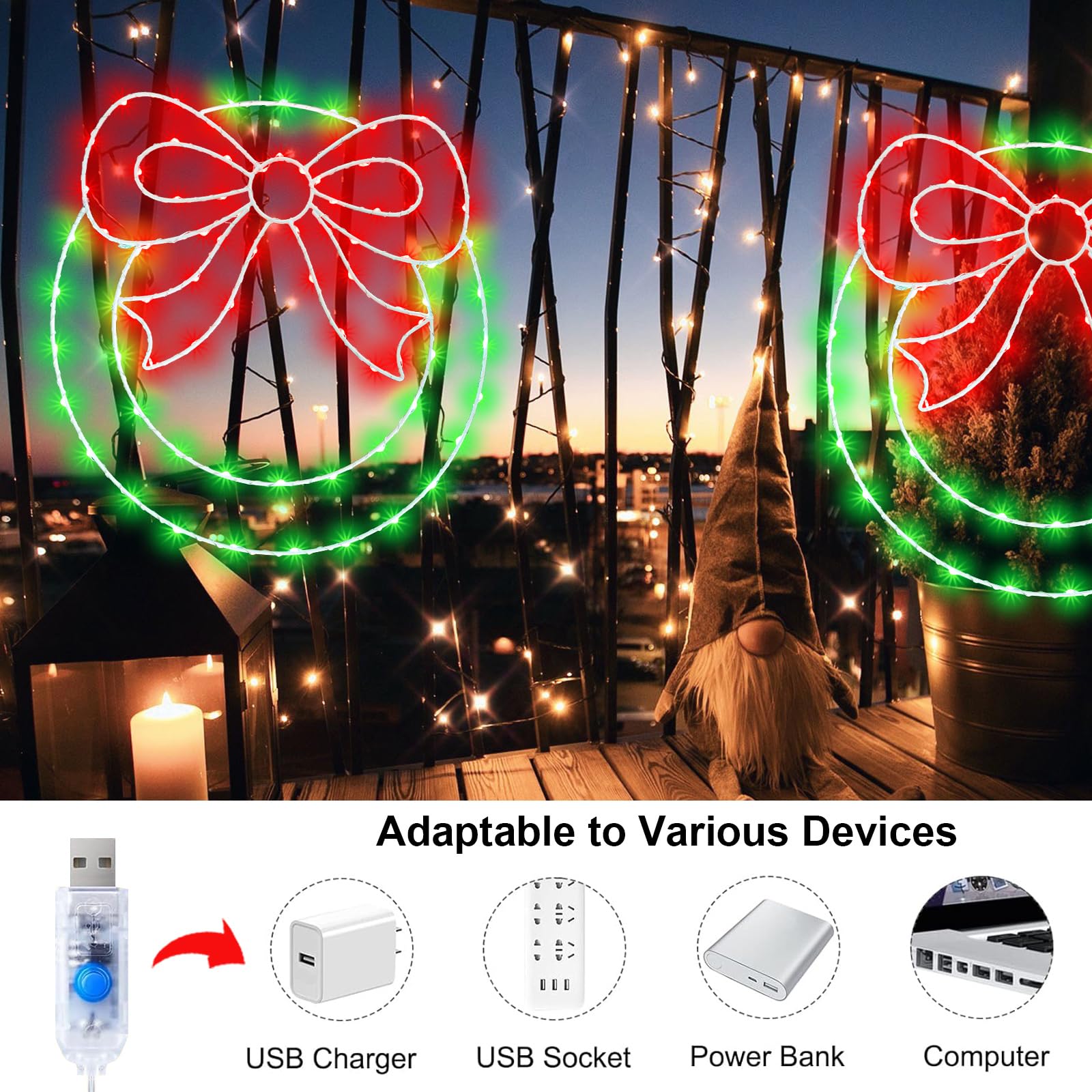 Zimati Christmas Wreath Window Lights Decorations, 2 Packs 14&quot; Christmas Window Lights With Bow, Timer Remote Control Usb Powered Window Silhouette Lights For Door Home Winter Xmas Party