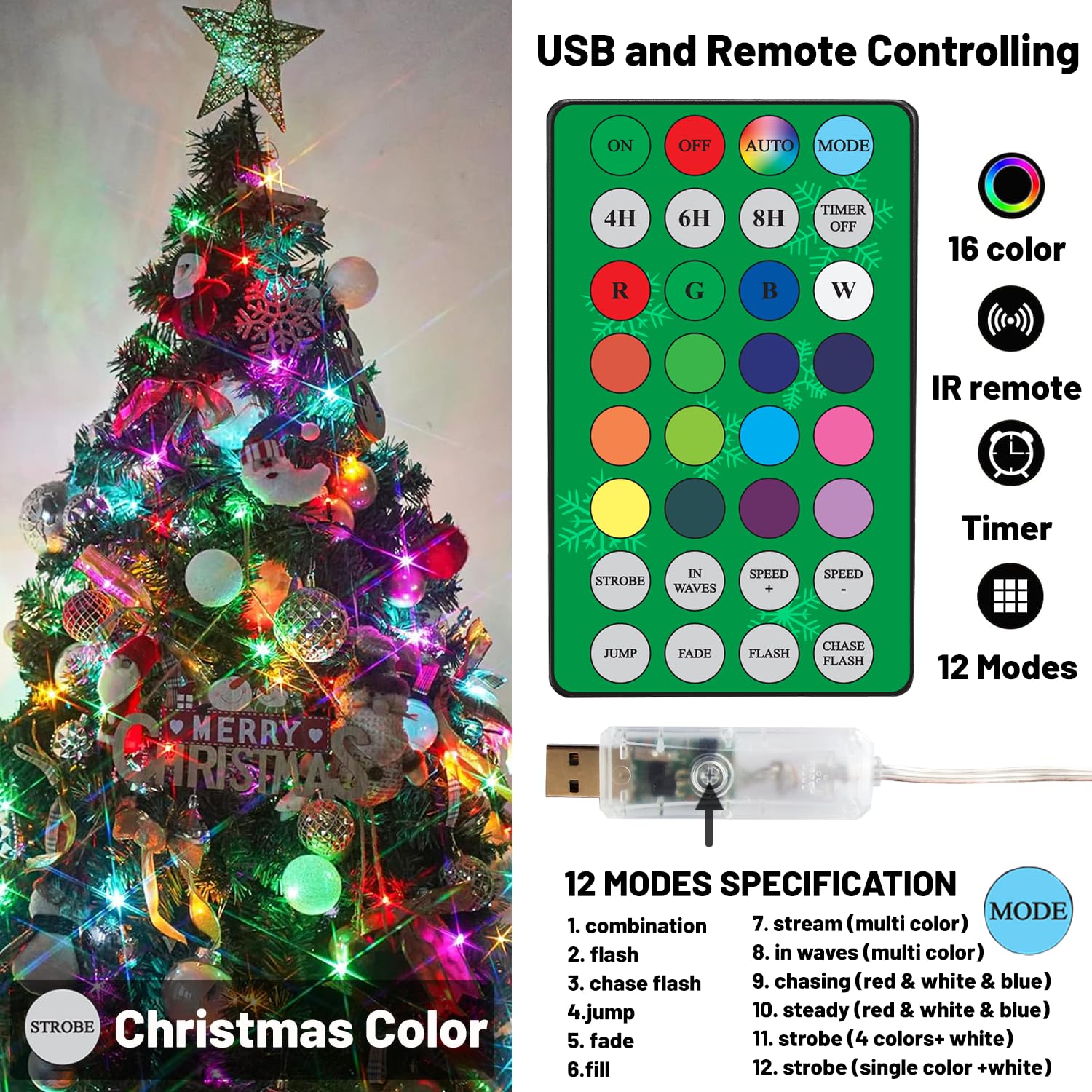 Ineximun Color Changing Fairy String Lights, 33ft, 100 LED Twinkle Lights, Remote & Timer, Multicolor Outdoor Xmas Decor