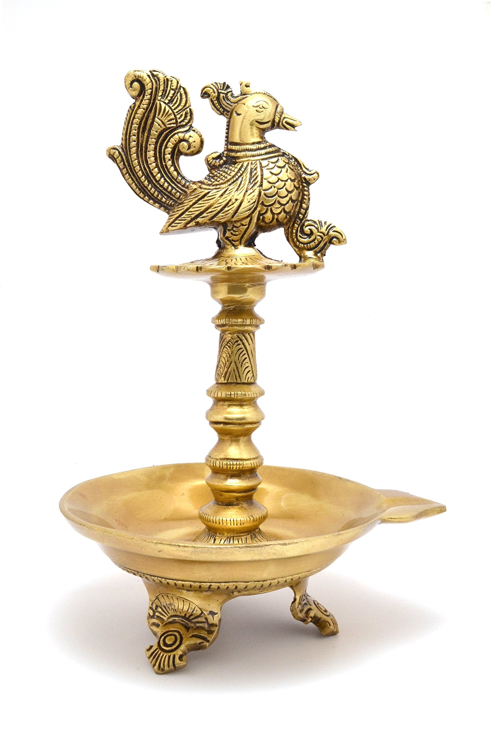 Two Moustaches Brass Peacock Design Oil Diya with Base for Home Decor, 1.5 Kg, Yellow, Standard, Pack of 1
