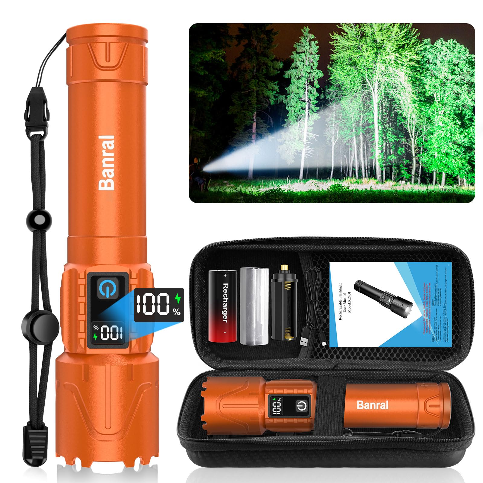 Banral Rechargeable Tactical Flashlight - 5000mAh LED, 5 Modes, Zoomable, Waterproof, Orange, Model K-2401-B