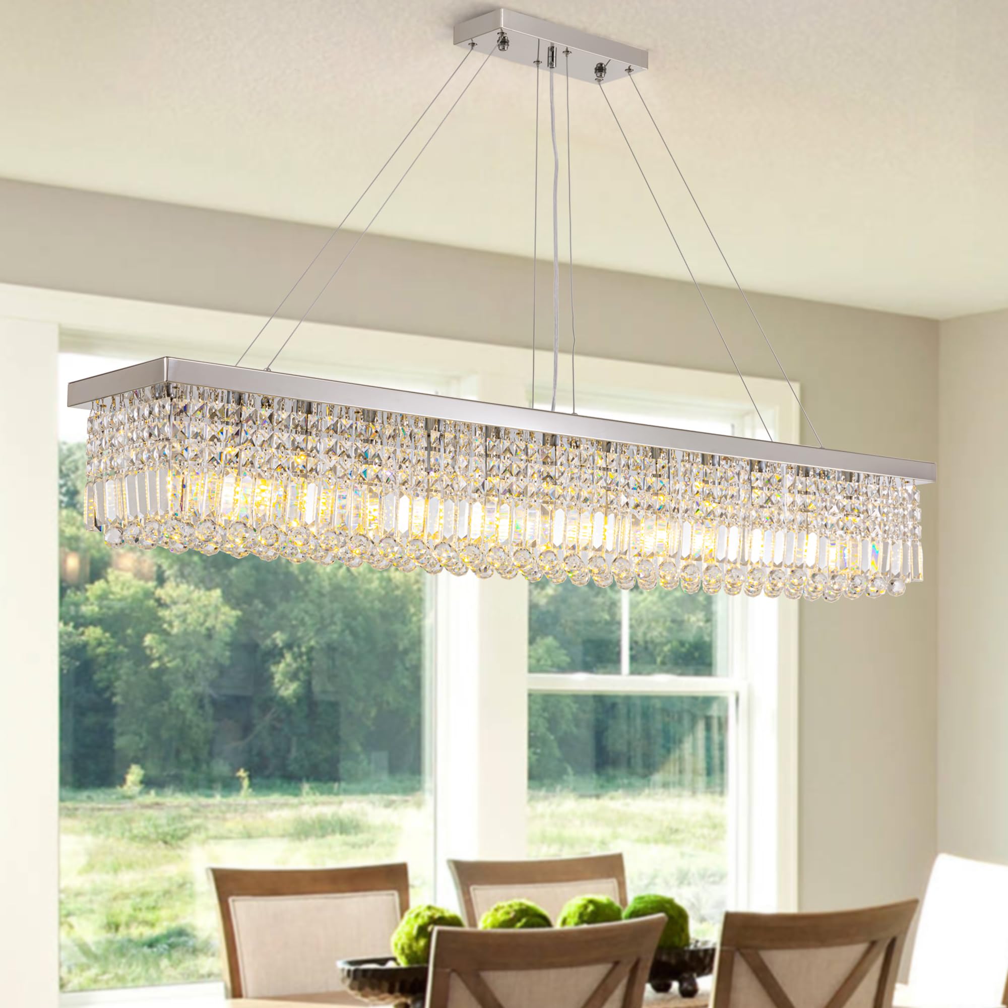 Tinkoso Modern Crystal Chandelier, 13-Light K9 Rectangle Pendant Light, 59inx10inx9in, Chrome Finish, Model LH-00215C