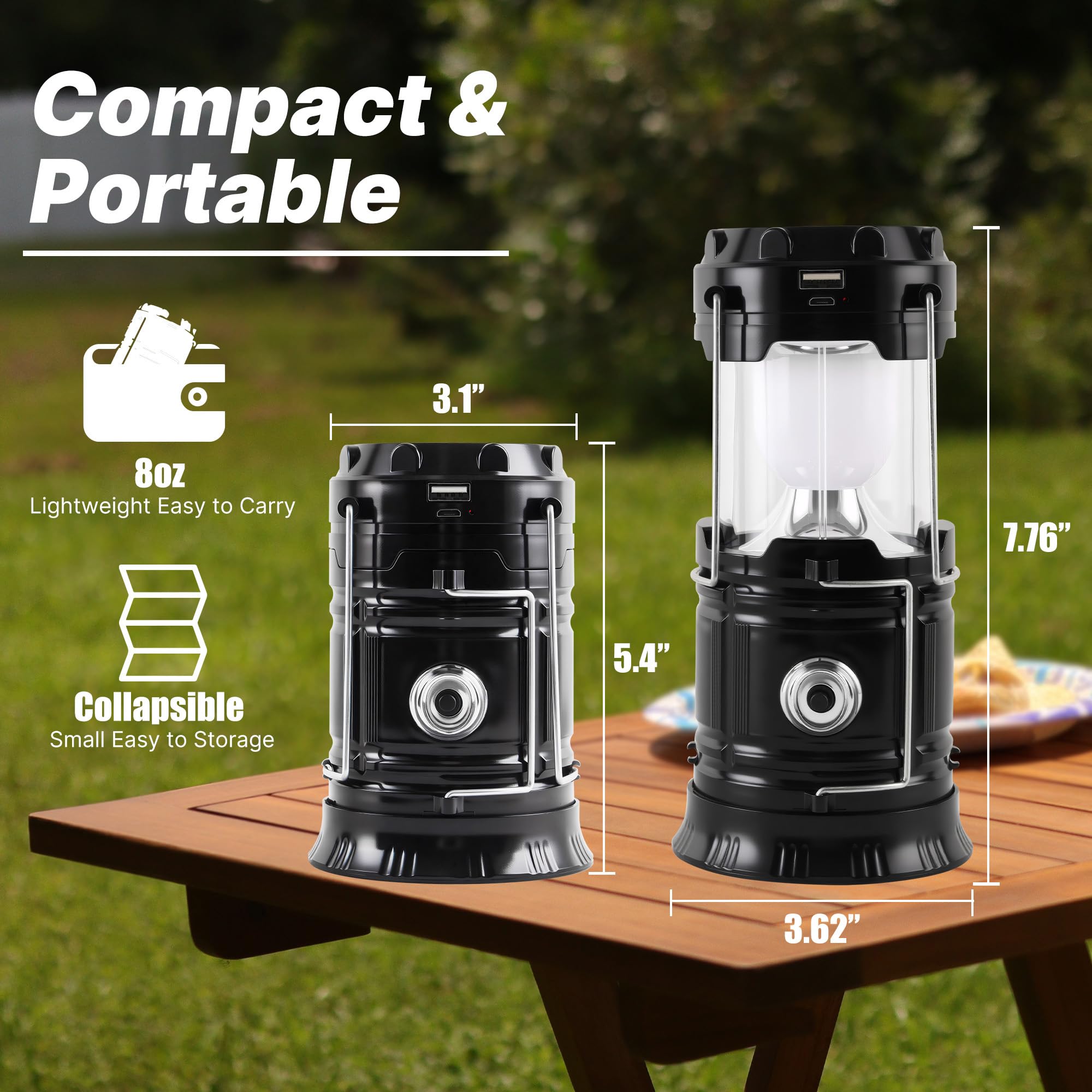 Lichamp Collapsible Solar Camping Lantern, USB Rechargeable LED Flashlight, 4-Pack, Black, Model CLS-L004BK