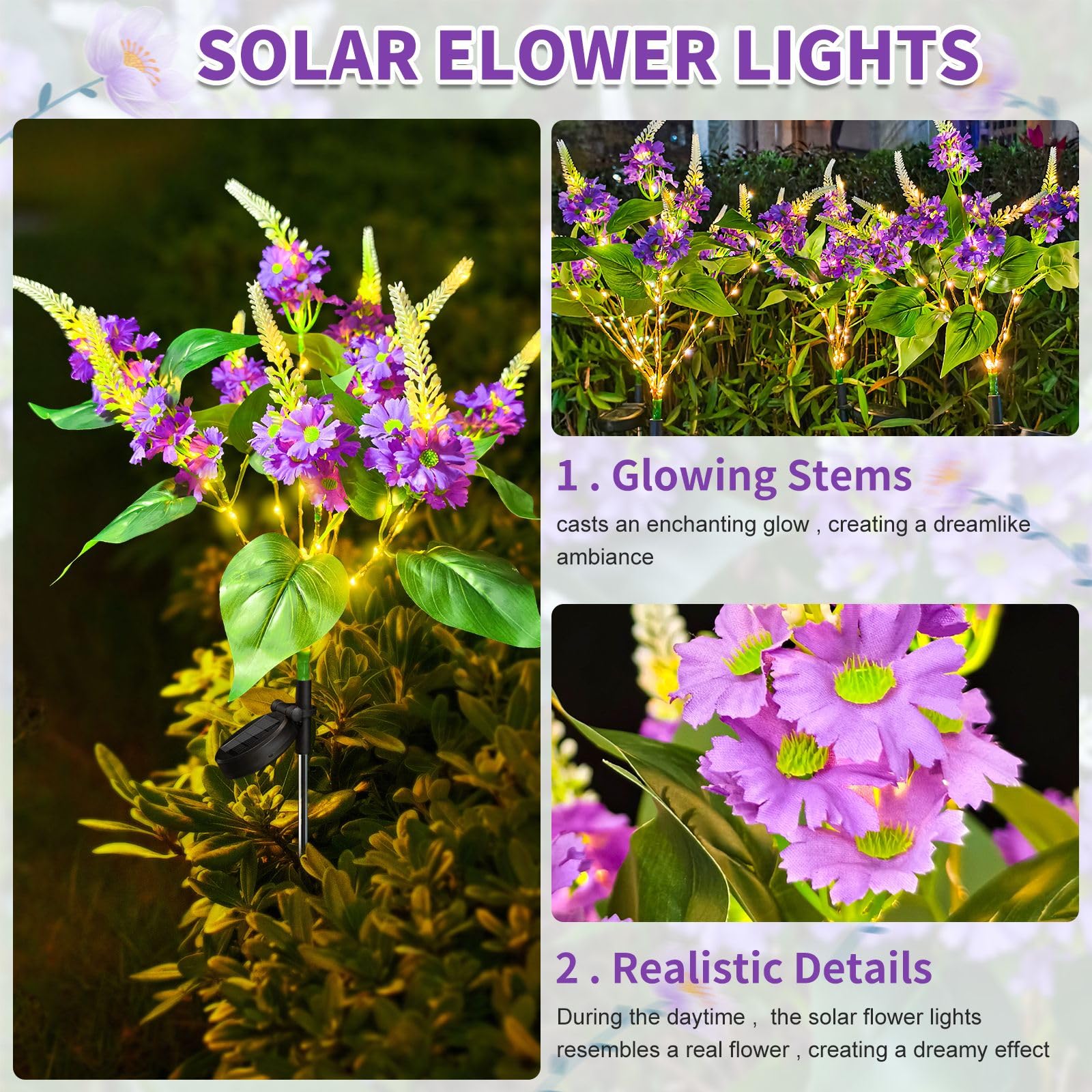 Neporal Solar Flowers Outdoor Waterproof Garden Lights, 8-Stem, 2 Lighting Modes, Purple-2PK