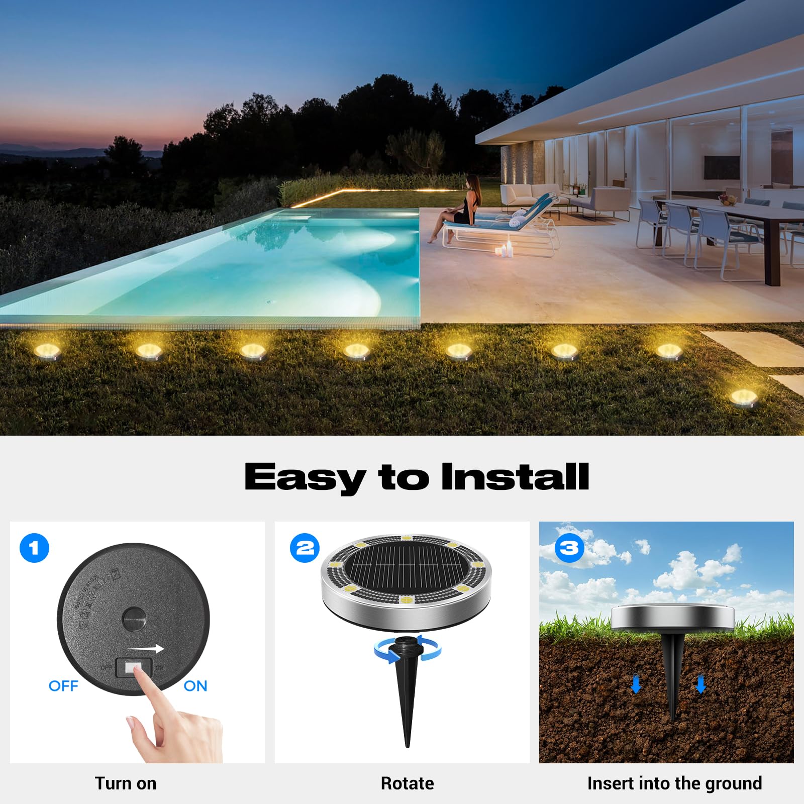 Peasur Mini Solar Ground Lights, IP68 Waterproof, 12 Pack, Warm White, Landscape Lighting for Pathway and Garden