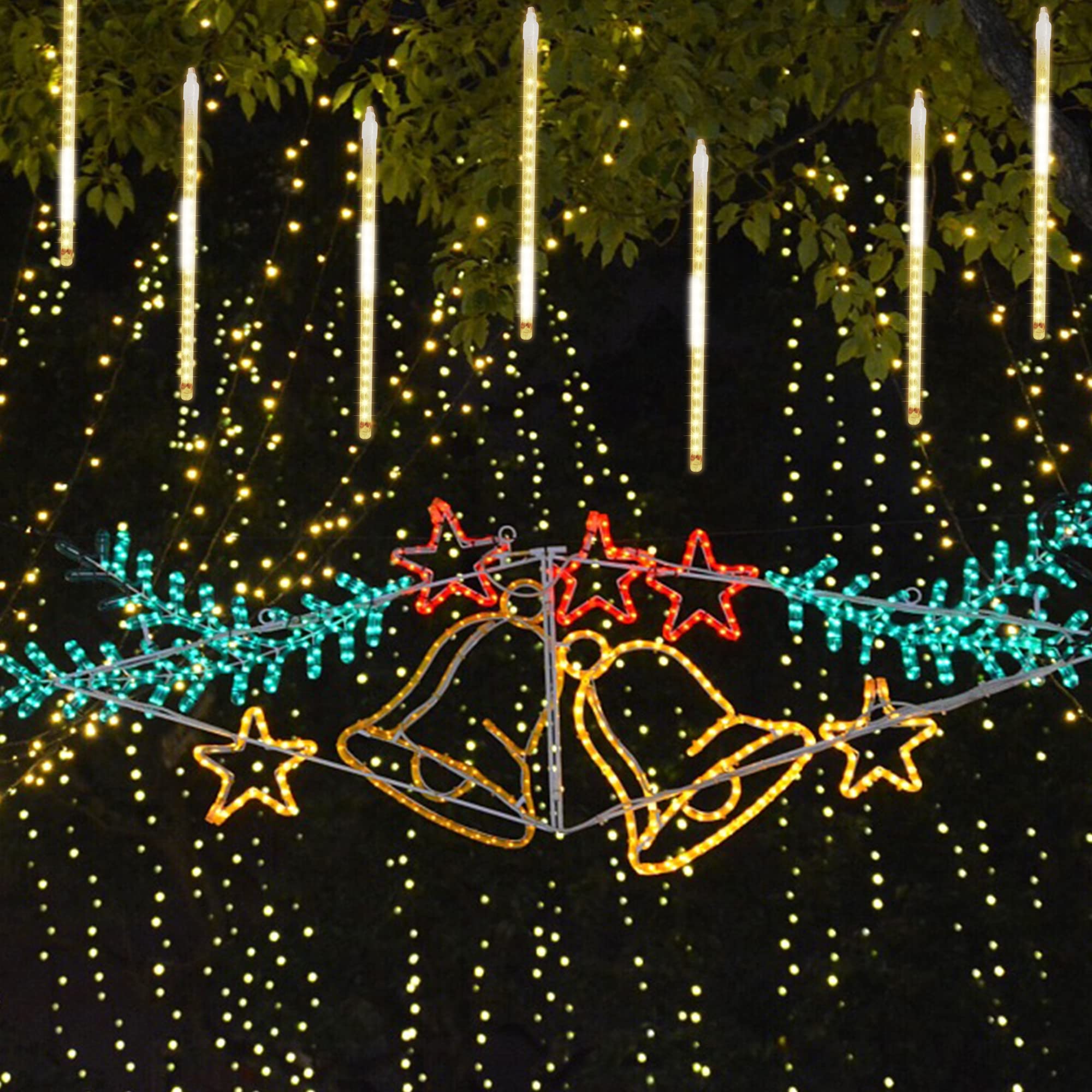 LJLNION Meteor Shower Lights, 288 LED Icicle Lights, Connectable Raindrop Lights, 12 Inch, Warm White, Model 288L