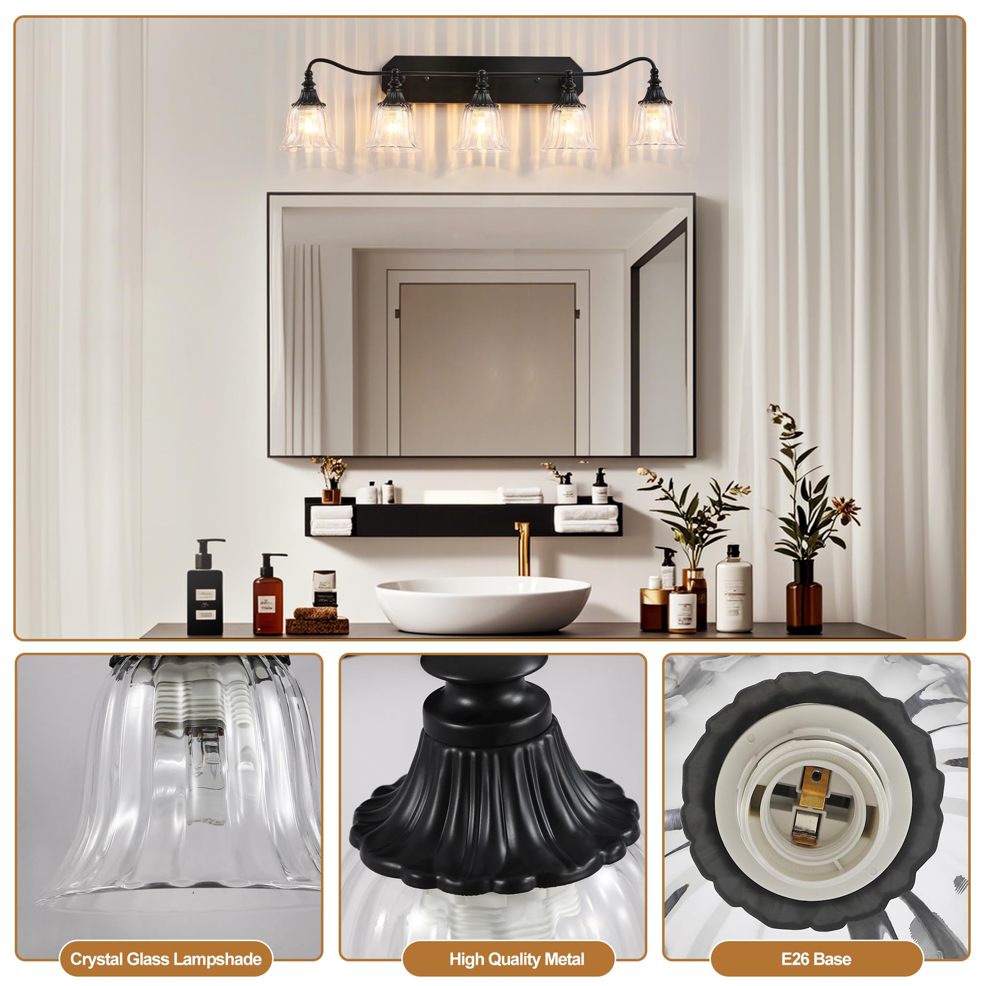 Bathroom Vanity Black Vintage Light Fixture  5 Lights Bathroom Lighting Matte Antique Brass Finish With Crystal Glass Shade  Black Vintage Vanity Light