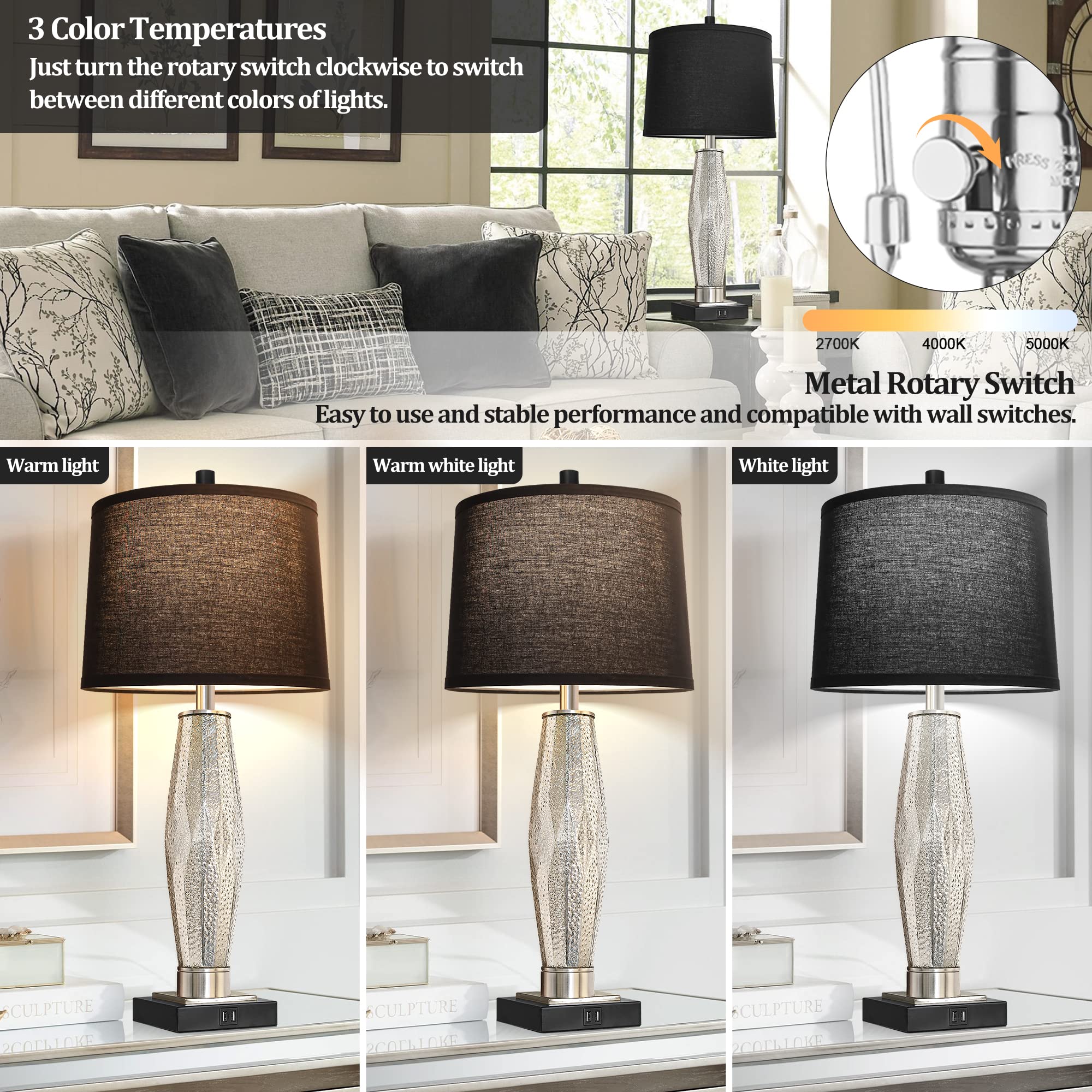 QiMH Table Lamps Set of 2 - Modern Black Glass Nightstand Lamps with USB Charging Ports, LED Bulbs Included, Model STR-DL-0124