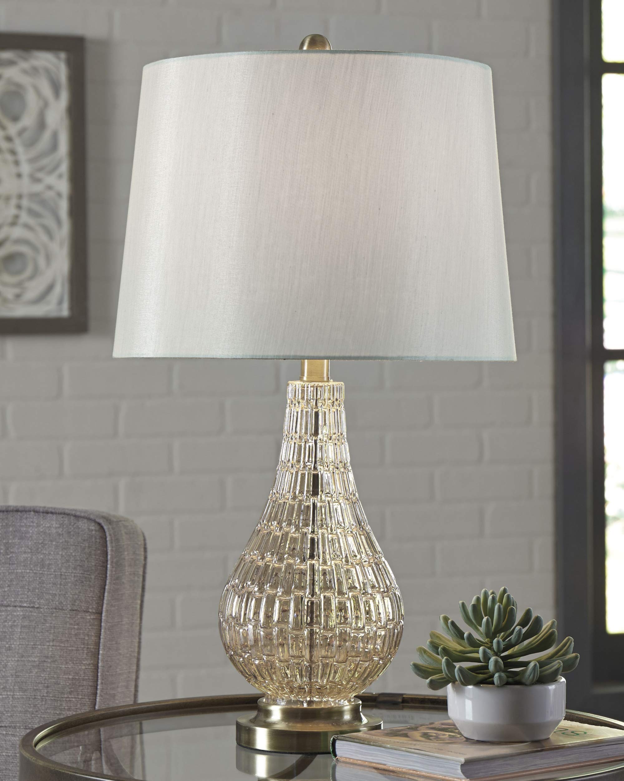 Signature Design By Ashley Latoya Contemporary 25&quot; Curved Glass Table Lamp, Champagne