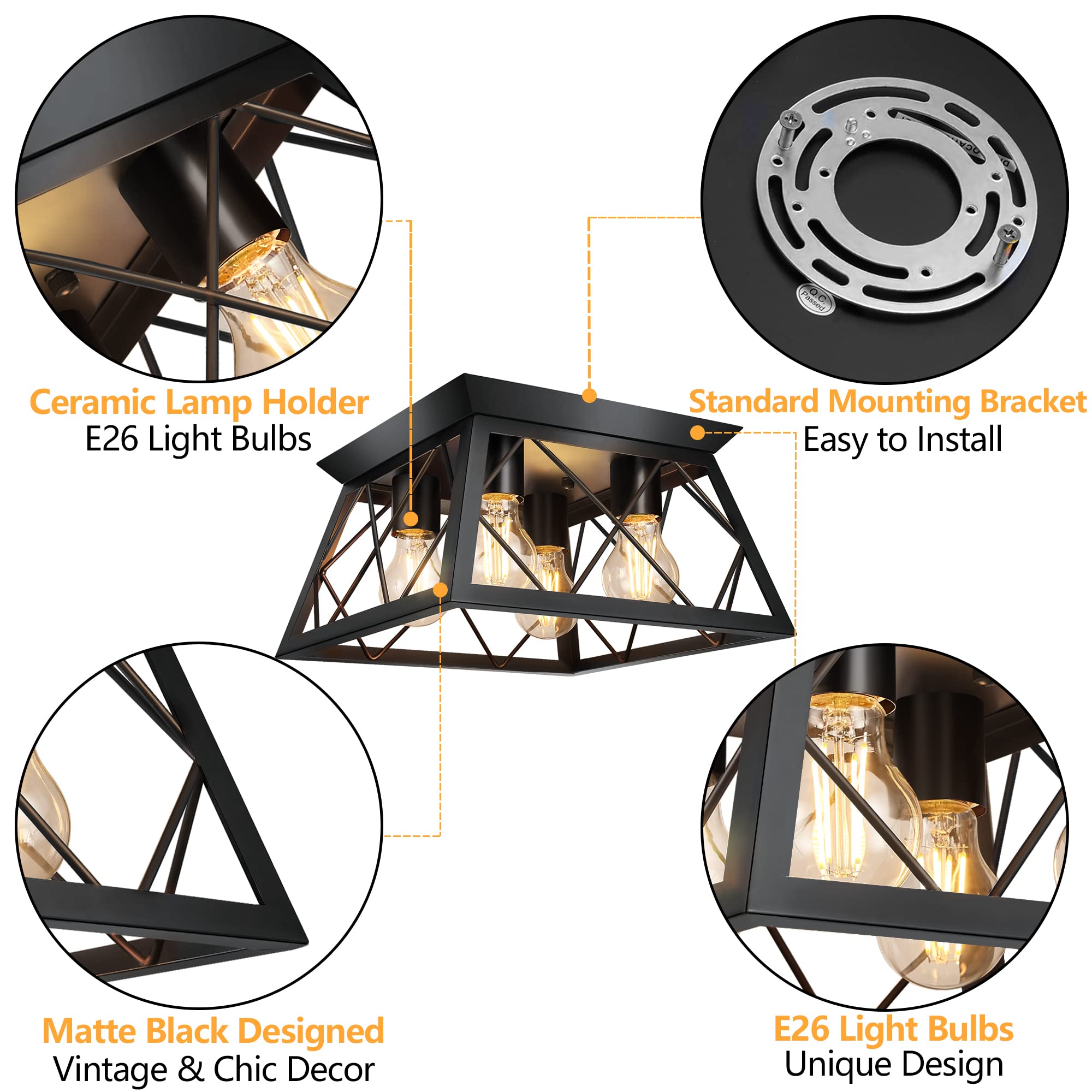 Fadimikoo 4-Light Black Metal Flush Mount Ceiling Light, Industrial Square Cage Design For Kitchen, Dining Room, Living Room