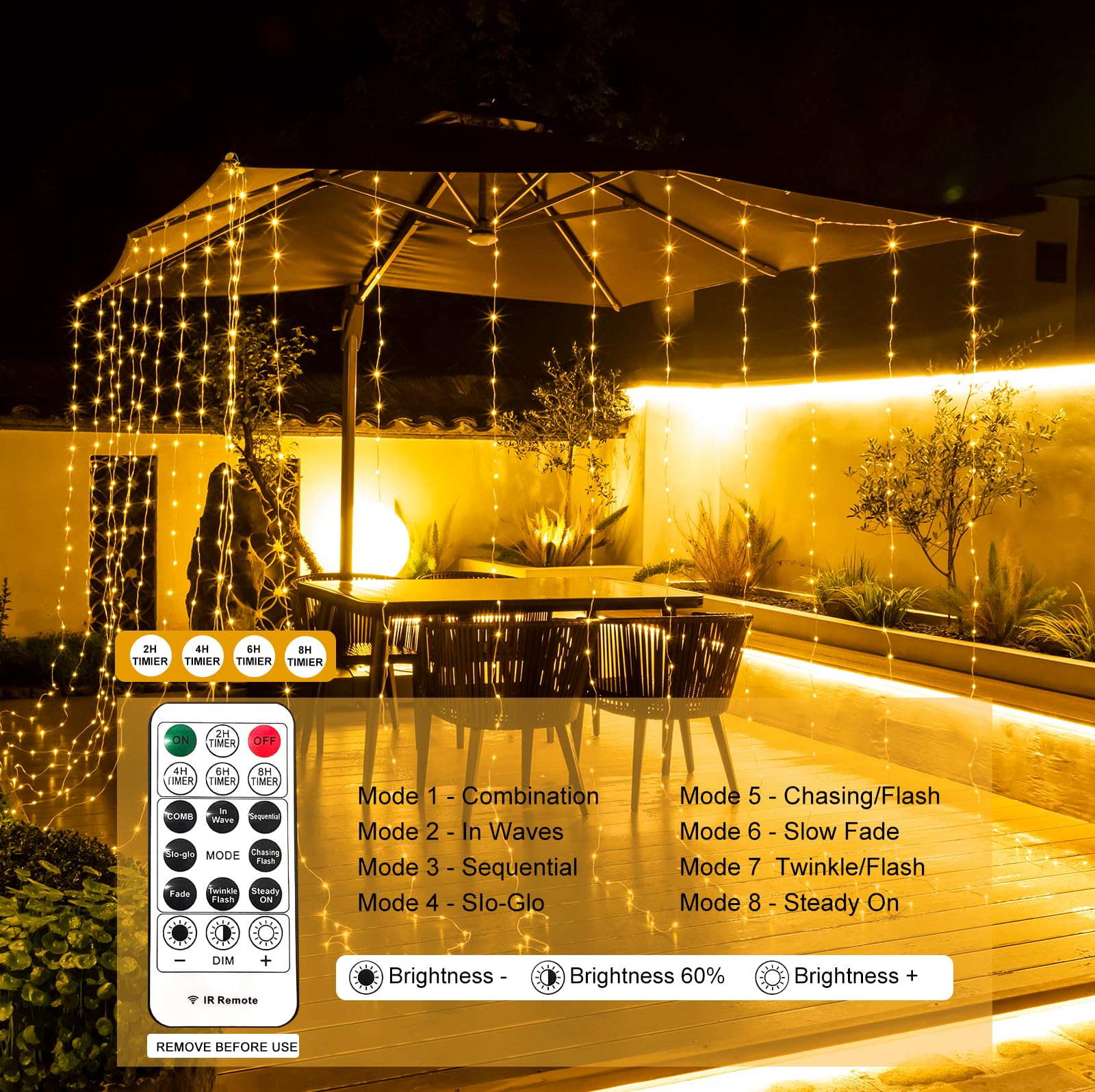 Sinamer Curtain Light With Upgrade Untangled Wires For Bedroom, 300Led 9.8Ft X 9.8Ft Window Fairy Curtain String Light With 16 Hooks, 8 Modes Remote For Wedding Party Home Indoor Decor, Warm White
