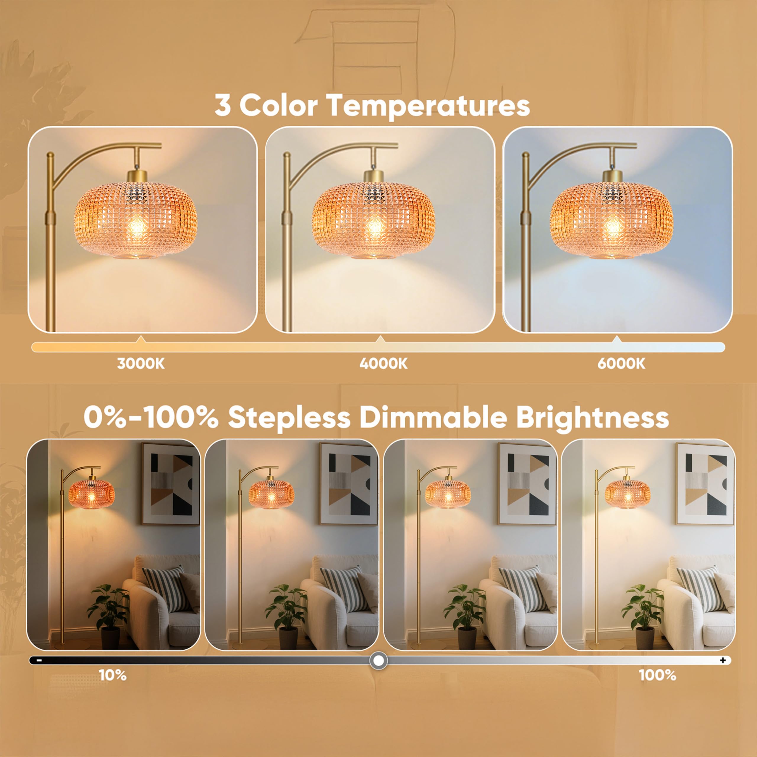 Glass Floor Lamp for Living Room with Amber Glass Lampshade, Dimmable Modern Floor Light with 12W LED Bulb, Remote Control Tall
