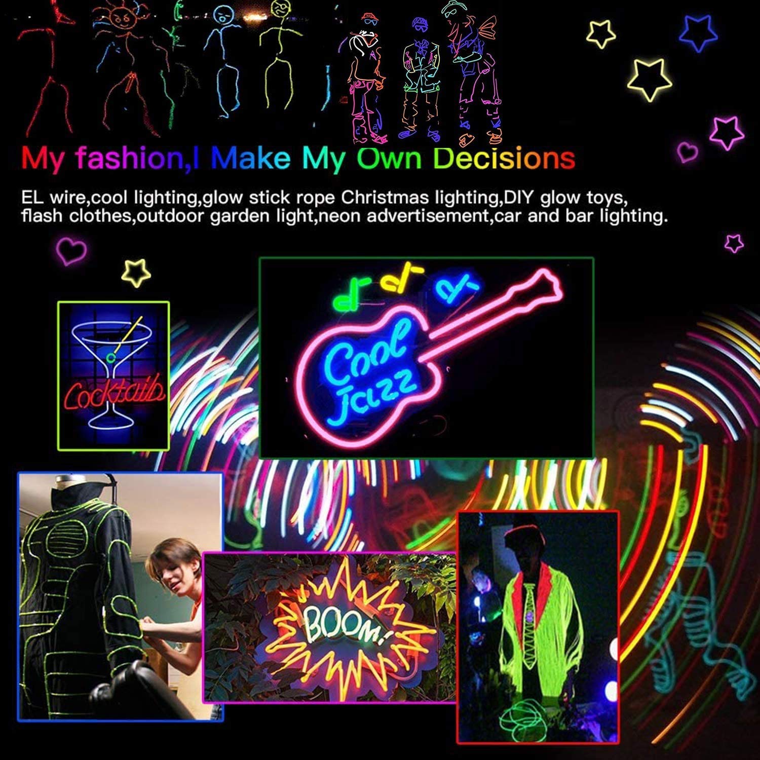 Jiguoor El Wire Battery Pack 9.8Ft / 3M Bright Neon Light Strip 360° Illumination Neon Tube Rope Lights For Diy, Festival, Party Decoration, Pub, Halloween, Chrismas (9.8Ft / 3M , Purple)