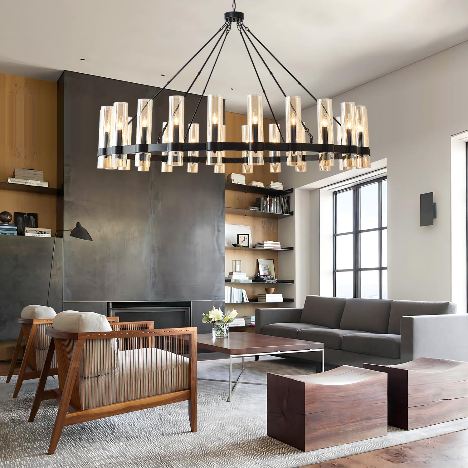 JKLX 60 Inch Black Wagon Wheel Chandelier, 24 Lights, Brown Glass Shade for Dining Room, Kitchen, Foyer, Living Room