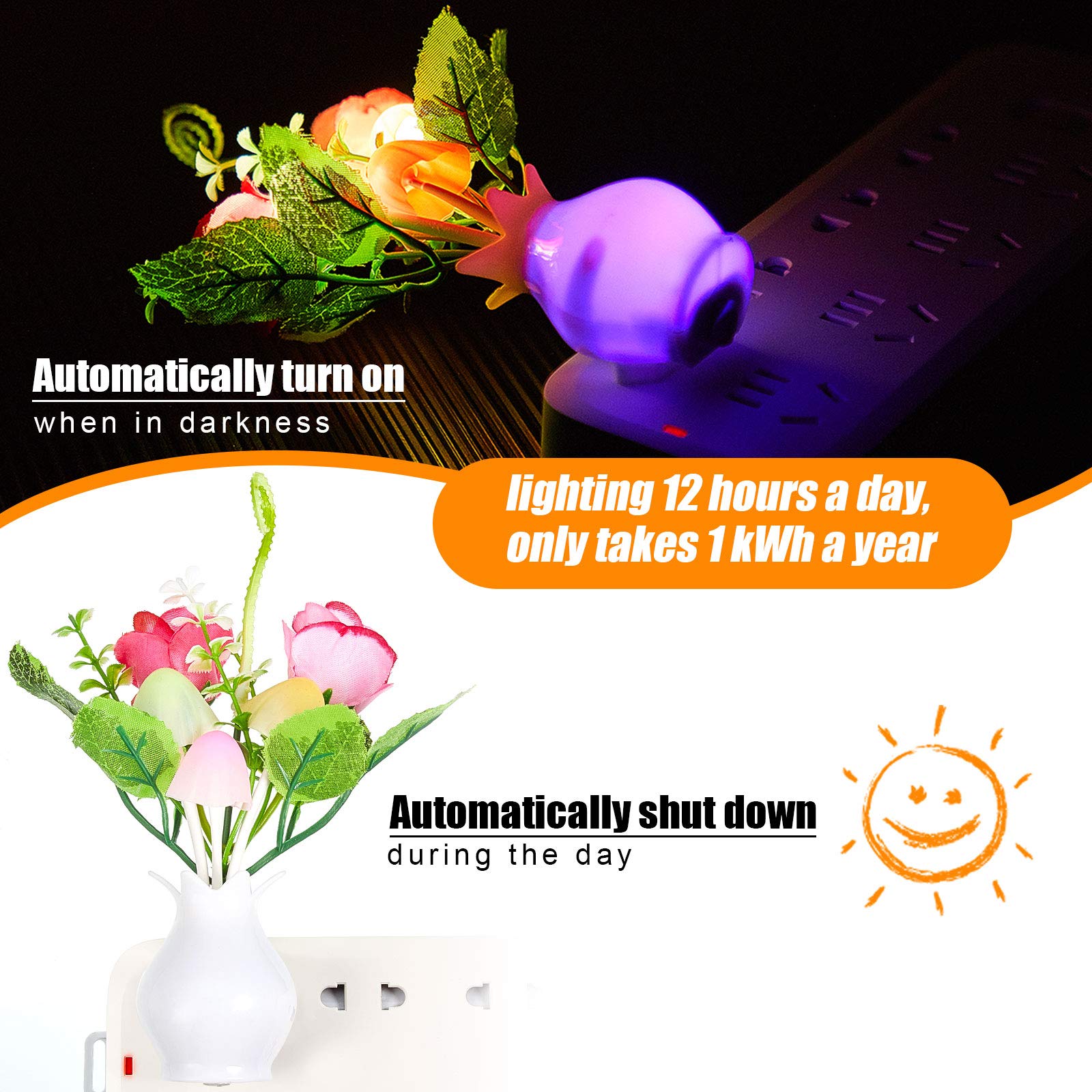 6 Pieces Mushroom Night Lights 7 Color Changing Plug-In Light Sensor Wall Lamp, Led Night Lights Sensor Wall Lamp For Adult Than