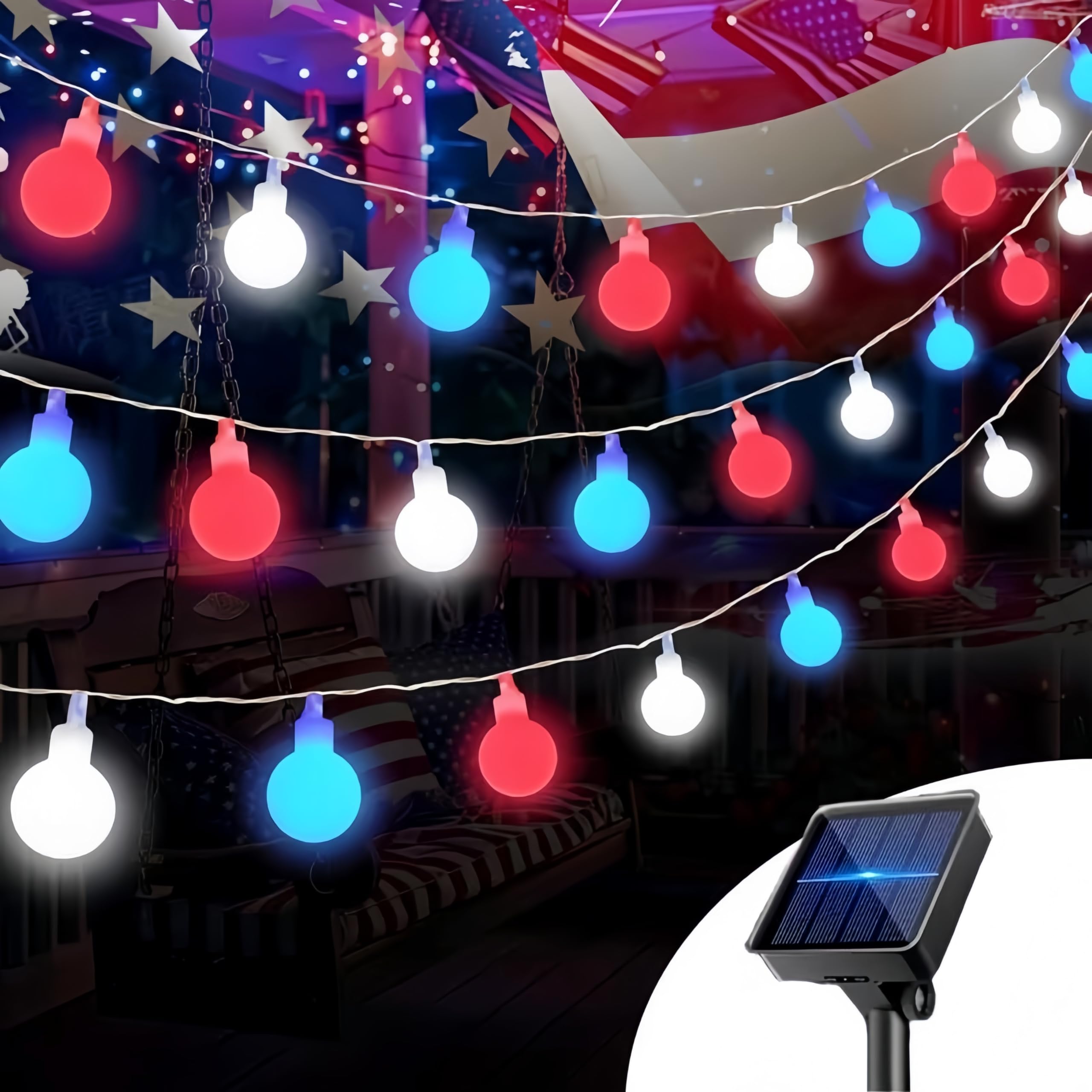 UMEUC 4th of July Solar String Lights, 80 LED 39FT Red White Blue Copper Wire Fairy Lights, 8 Modes Waterproof Patriotic Lights 