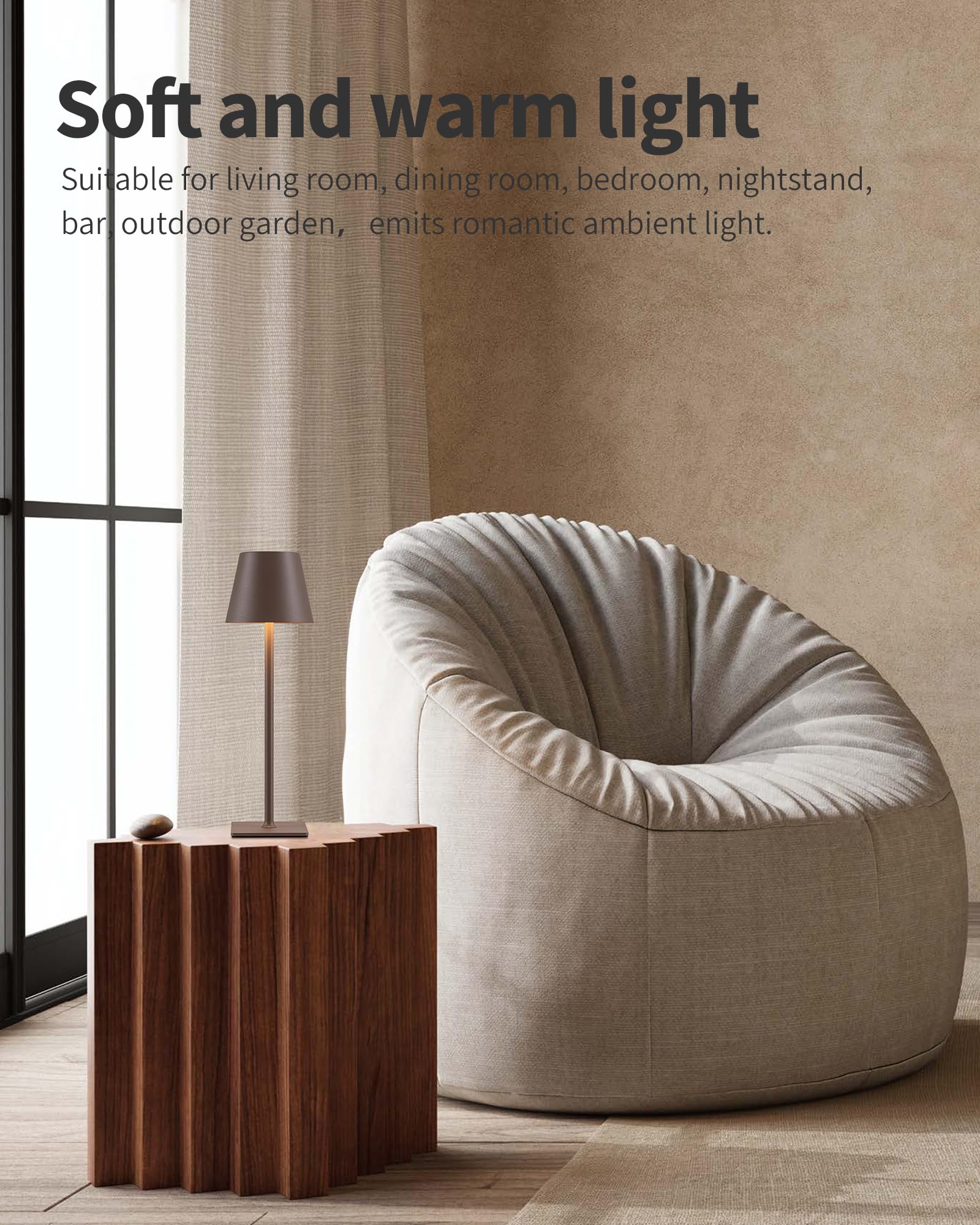 KDG Cordless Table Lamp - Portable LED, 5000mAh Battery, 3 Color Dimming, Brown, Model AMZ-TBL-003-2-BR