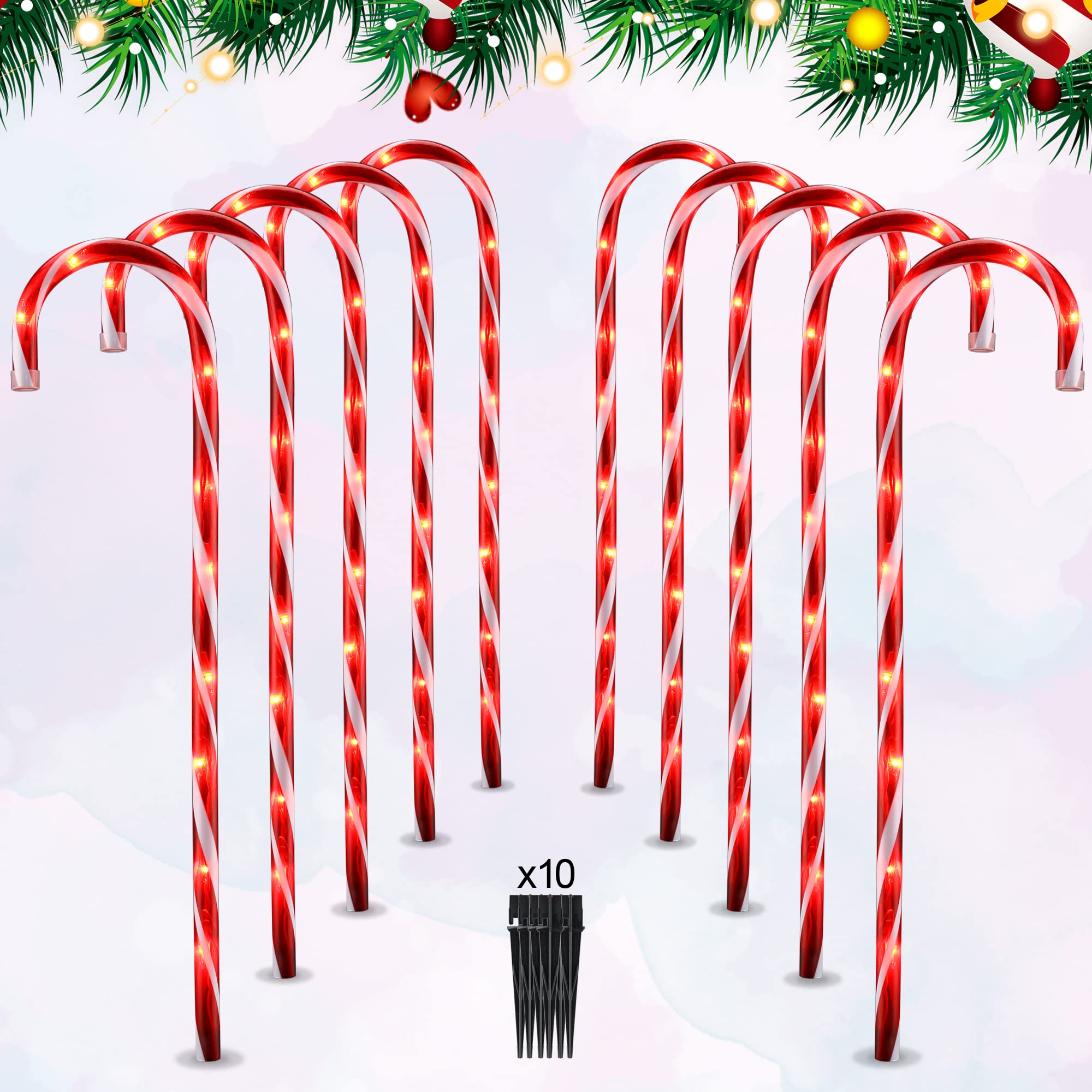 VCOKEN 30'' Christmas Candy Cane Pathway Markers Lights - Set of 10 Christmas Stakes Lights Outdoor Pathway Decorations, Connect