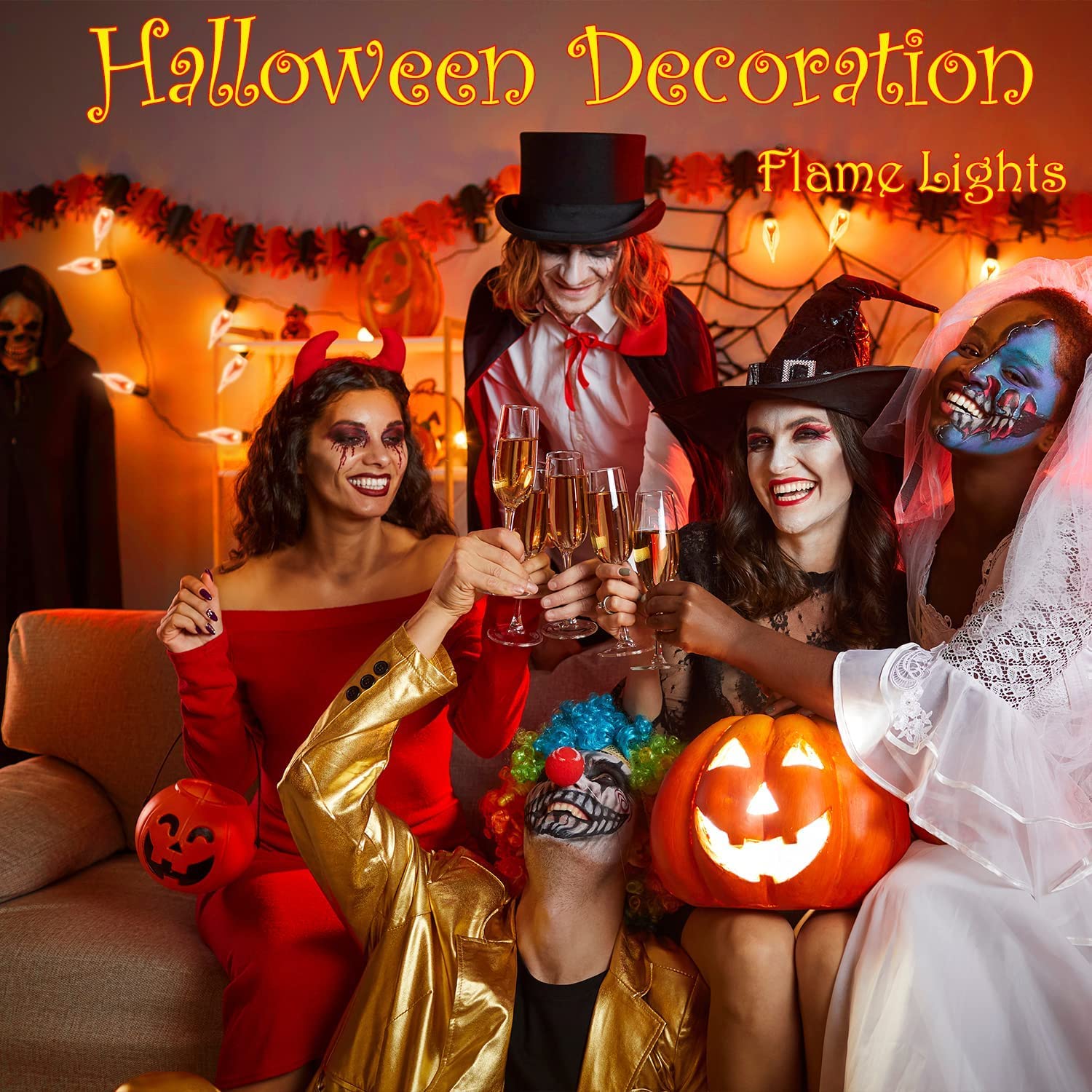 Sotopoo 27.8Ft Halloween Flickering Flame String Lights With 25+2 Pack C7 Clear Flickering Flame Light Bulbs, Halloween Decorations Indoor Outdoor Lights, Halloween Home Party Decor Lights