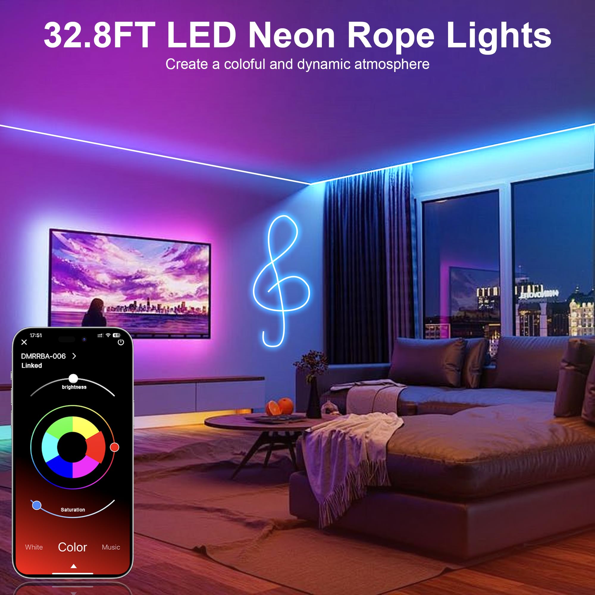 Nexillumi 32.8Ft Neon Led Rope Lights Ip67 Waterproof Led Lights For Bedroom Flexible Led Light Strip With Remote And App Contro