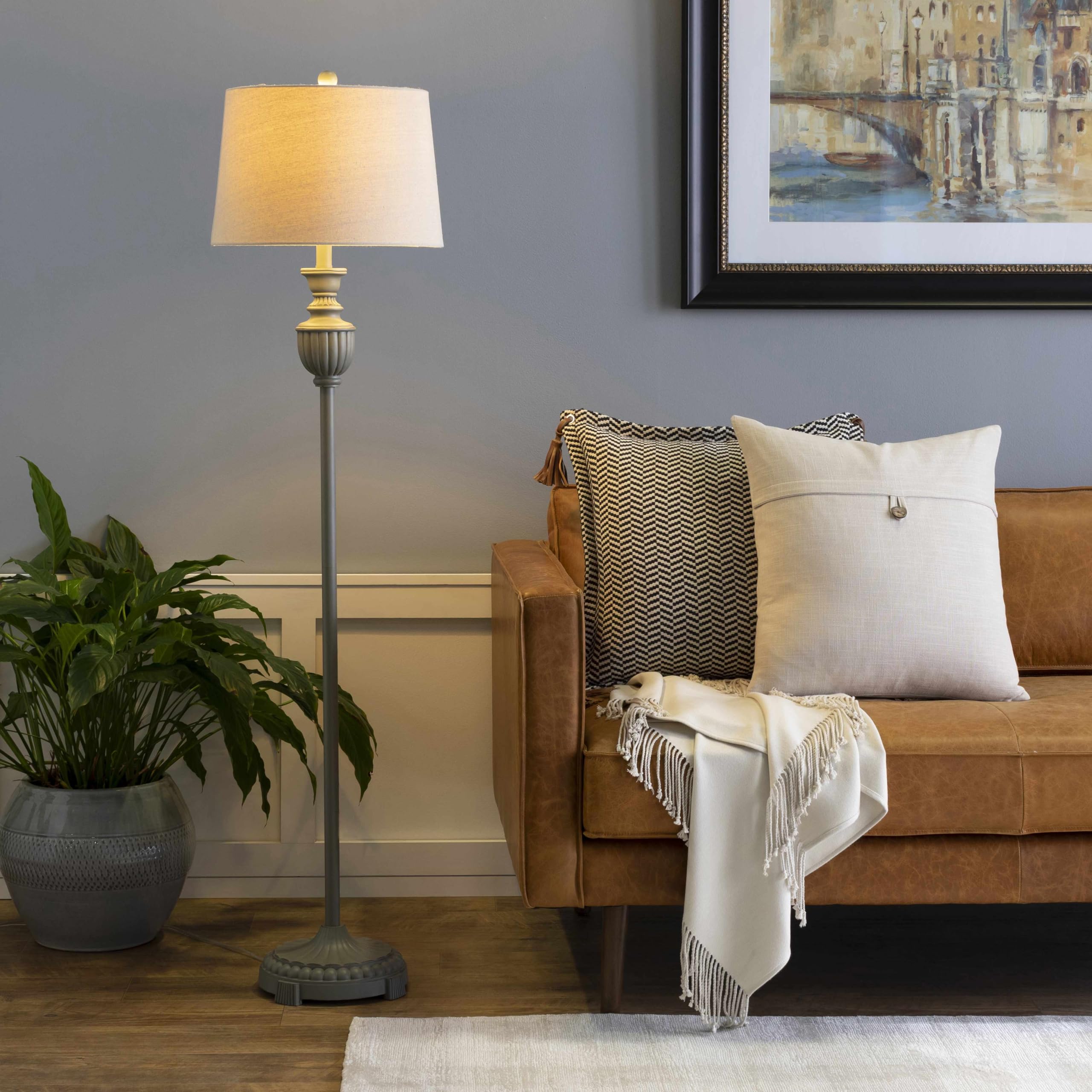 Boutiquerugs Nelspruit Floor Lamp For Living Room - Boho Standing Lighting - Shade Linen - Cream, Gray - 59'' H