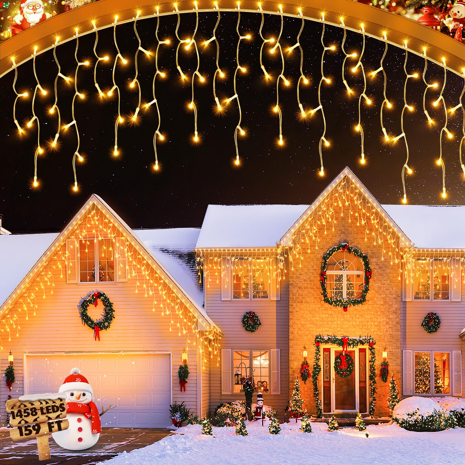159 FT Christmas Lights Outdoor  1458 LED Waterproof Outside Christmas Lights Plug in  Timer & Memory  8 Modes Fairy Lights with 324 Drops for House Eaves Yard Patio Wedding Decorations  Warm White