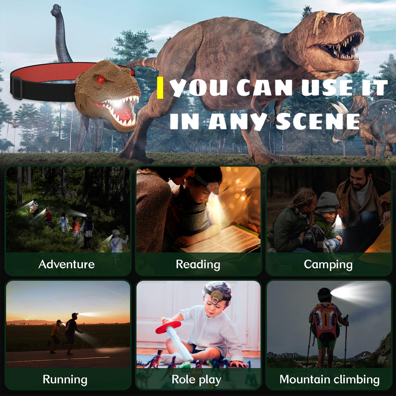 Dysaim Dinosaur Headlamp For Kids Head Lamp Outdoor Camping Essentials Gear Flashlight, Dinosaur Toys Headlight For Boys Girls,