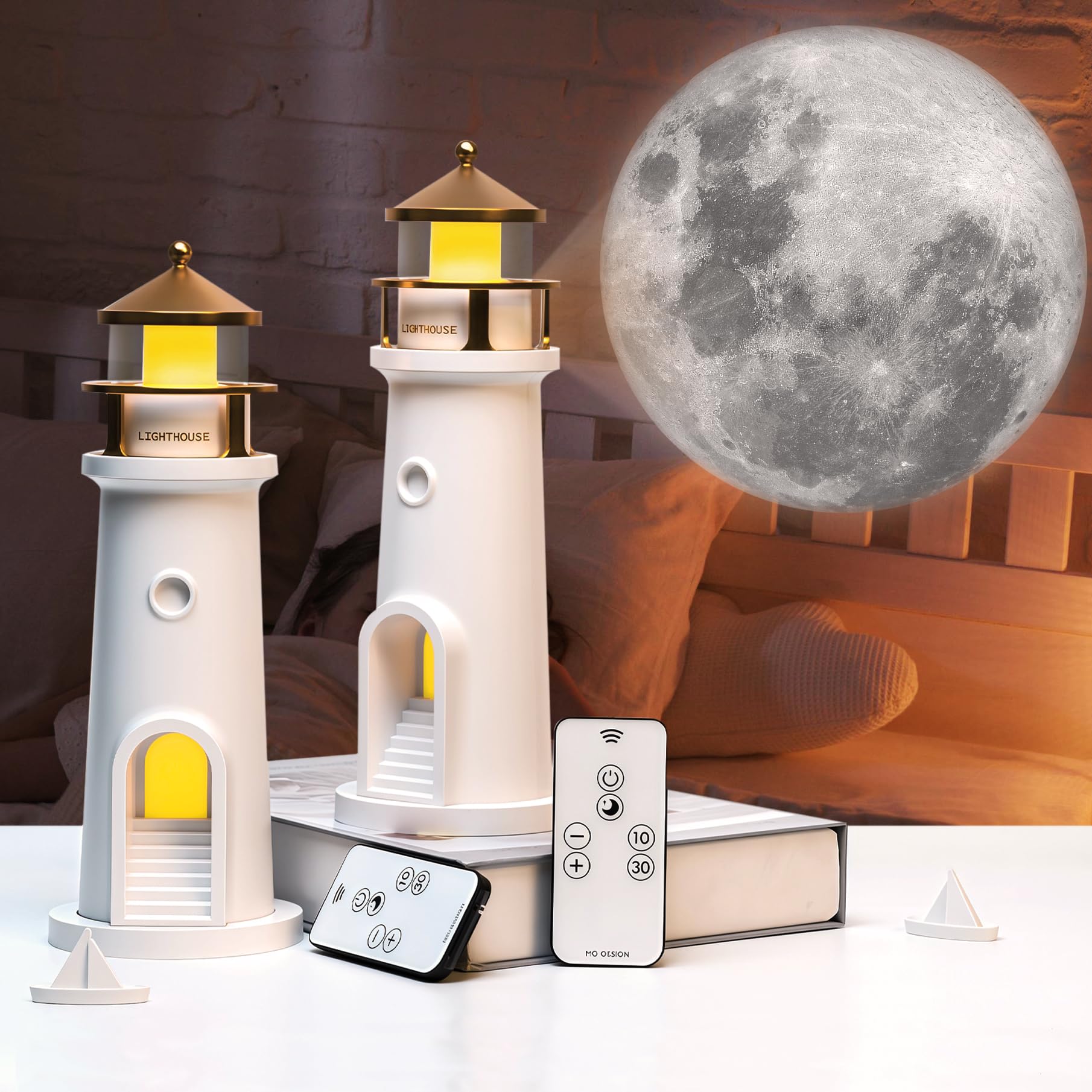 AEMYNOUZ Wireless Moon Lamp Projector Night Light, Remote Control, Dimmable, LED Table Lamp, White & Gold, Model LN-03