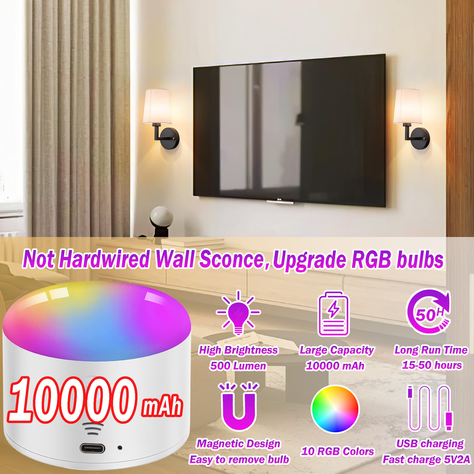 Modern Battery Operated Wall Sconces Set Of Two, Battery Operated Wall Light with Remote Control, Indoor Wireless Wall sconce Di