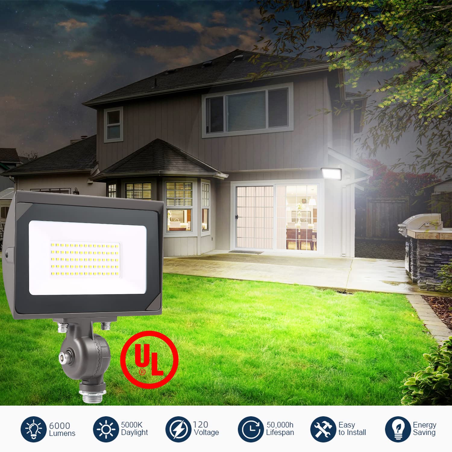 50W Outdoor Led Flood Light With 1/2" Knuckle Mount (Plate Included), 5000K Daylight 6000Lm 120V, Ul Waterproof Led Security Flood Lighting For Wall Wash /Sign/Flagpole/Tree/Yards/Advertising Boards