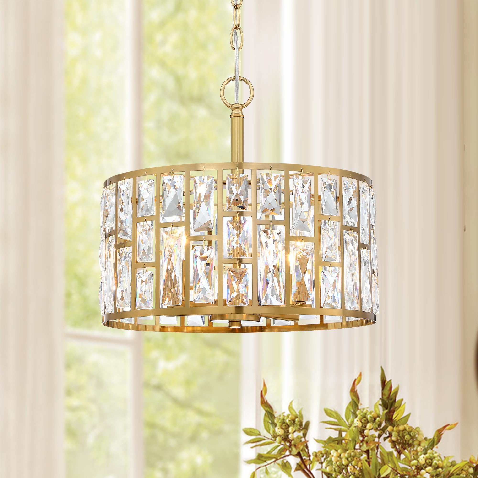 Farmhouse Crystal Convertible Chandelier and Semi Flush Mount Lighting Gold Cylinder Drum Shade Pendant for Kitchen Island Dinin